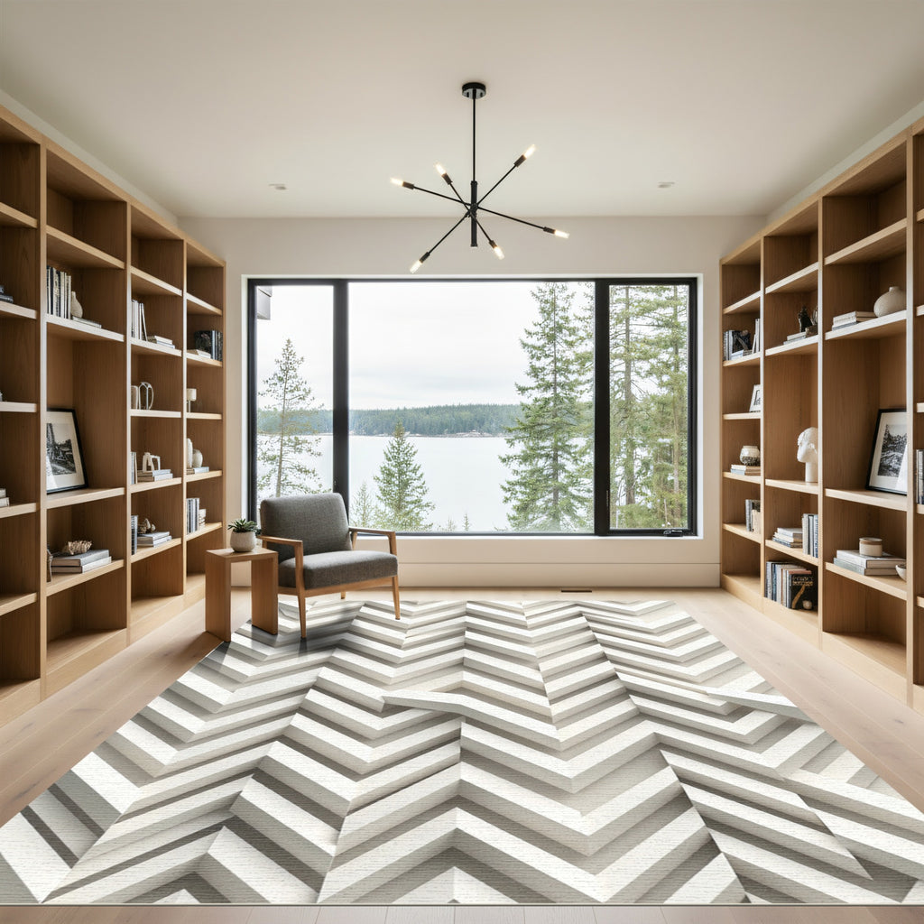 Minimalist White Chevron 3D Geometric Rug