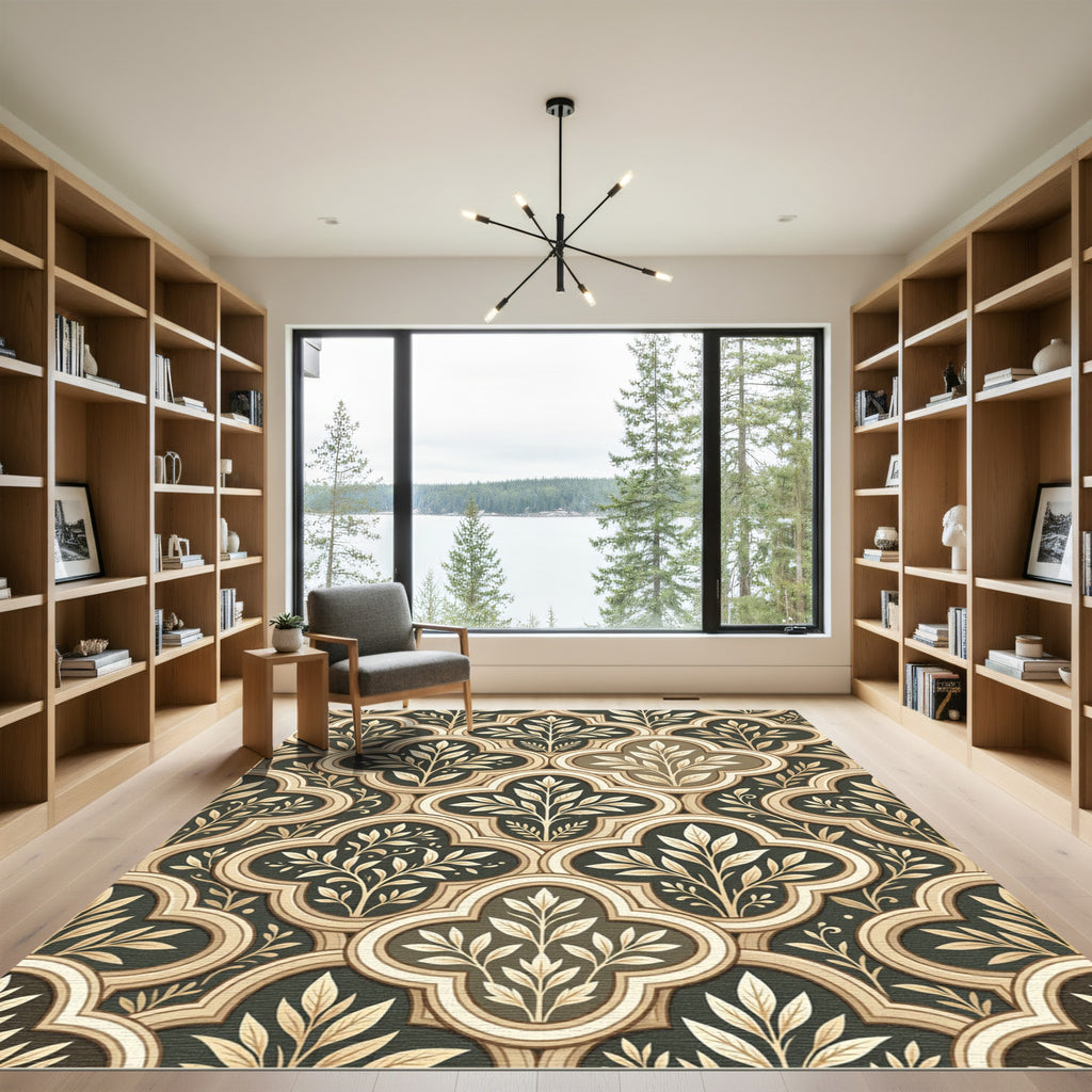 Dark Cream Quatrefoil Leaf Repeating Rug