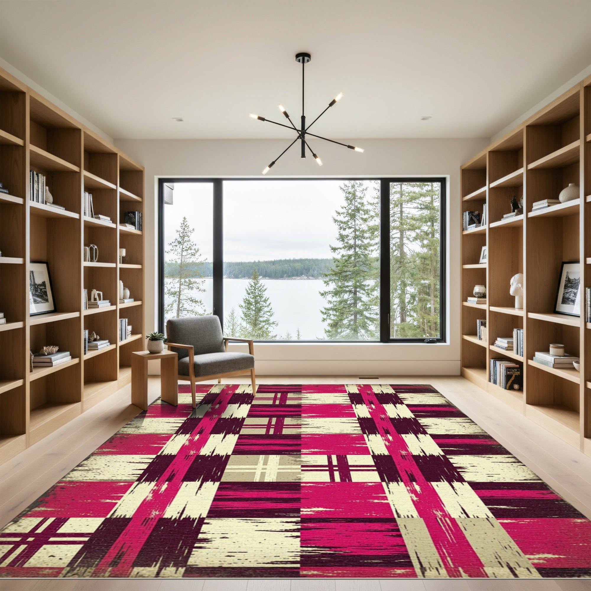 Grungy Magenta Plaid Squares Rug