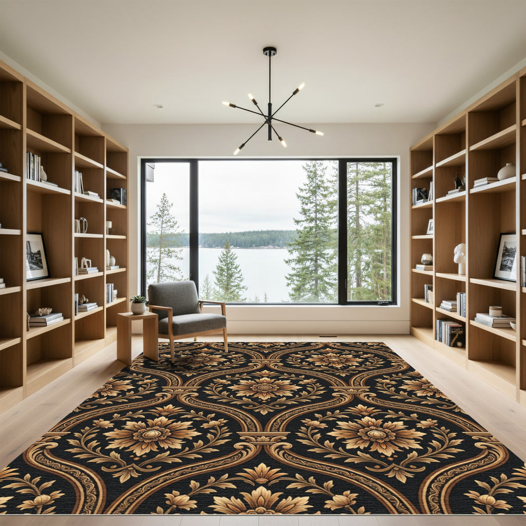 Ornate Gold Floral Damask Pattern Rug