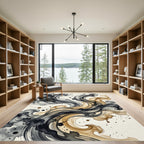 Ink Swirl Black Gold Abstract Flow Rug