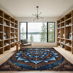 Elegant Navy Blue Floral Lotus Mandala Rug