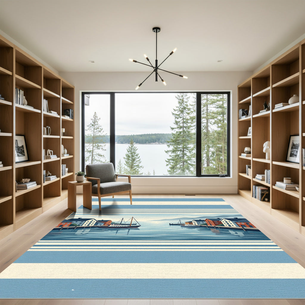 Coastal Harbor Scene with Blue Stripes Rug