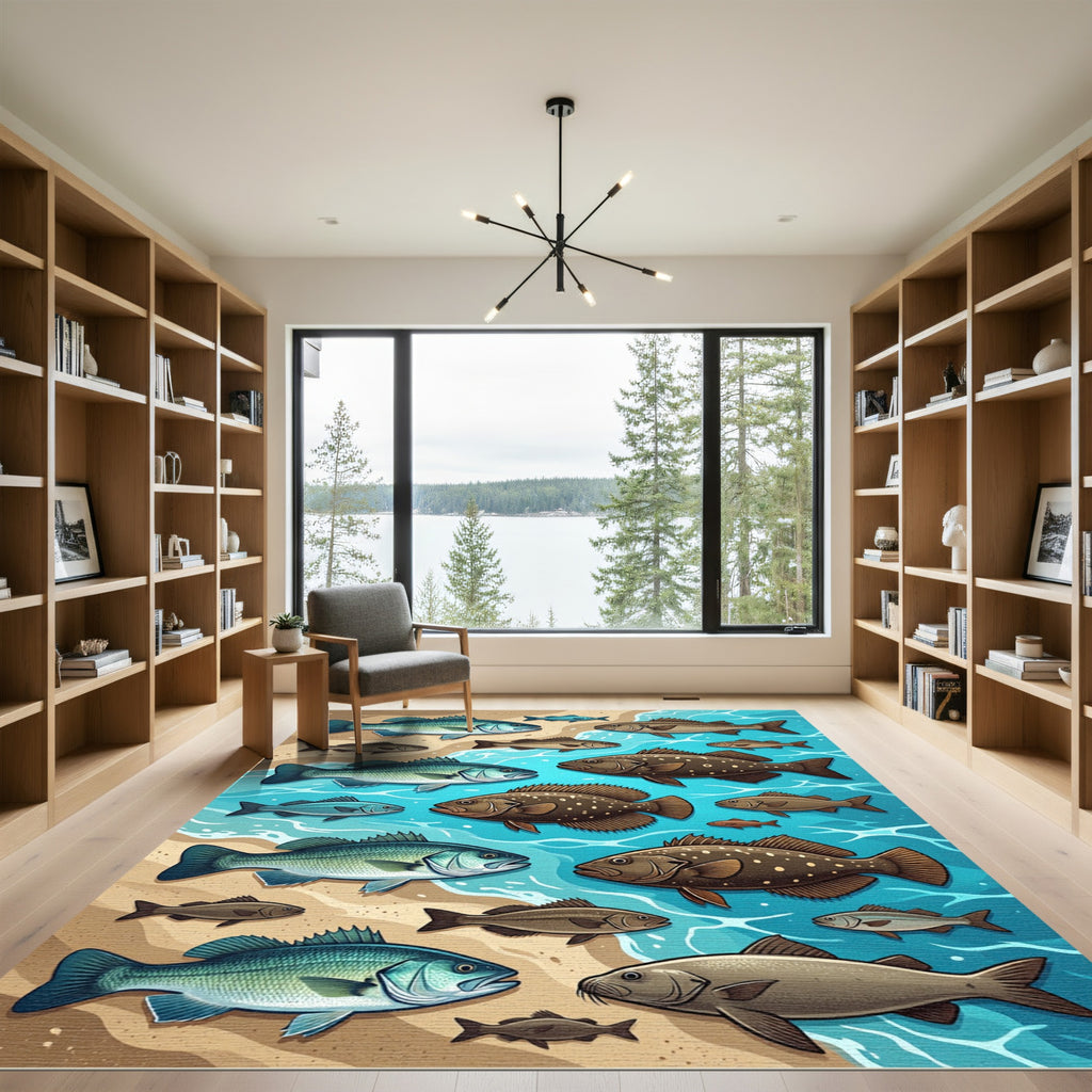 Coastal Blue and Brown Fish Shoreline Rug