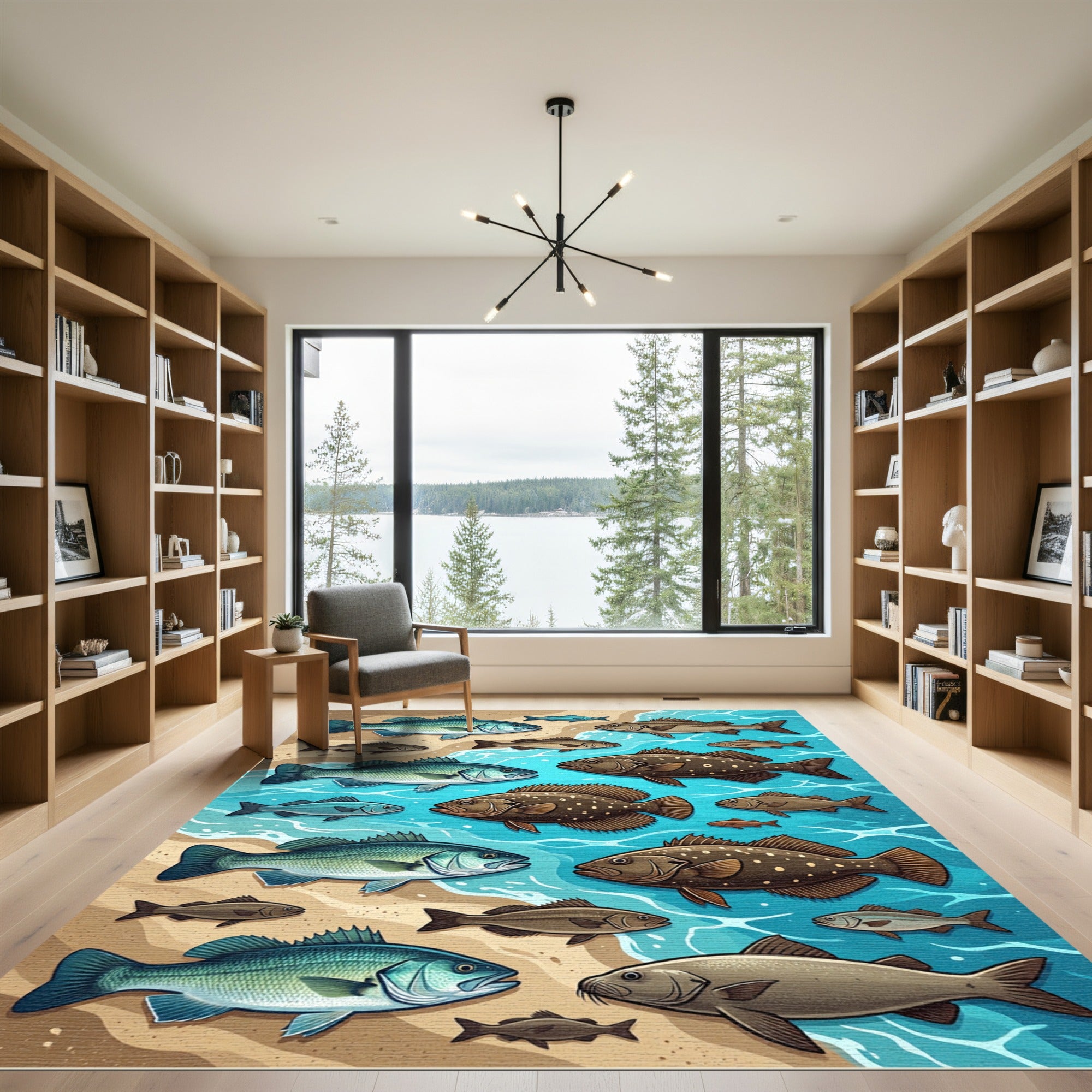Coastal Blue and Brown Fish Shoreline Rug