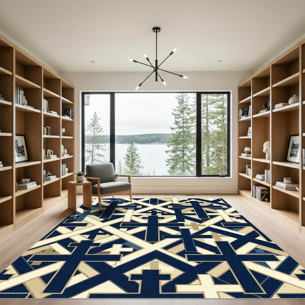 Geometric Navy and Cream Cross Tile Rug