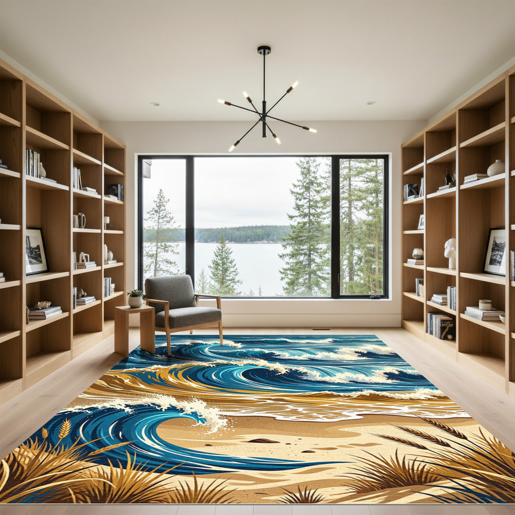 Azure Ocean Waves With Golden Sand Rug