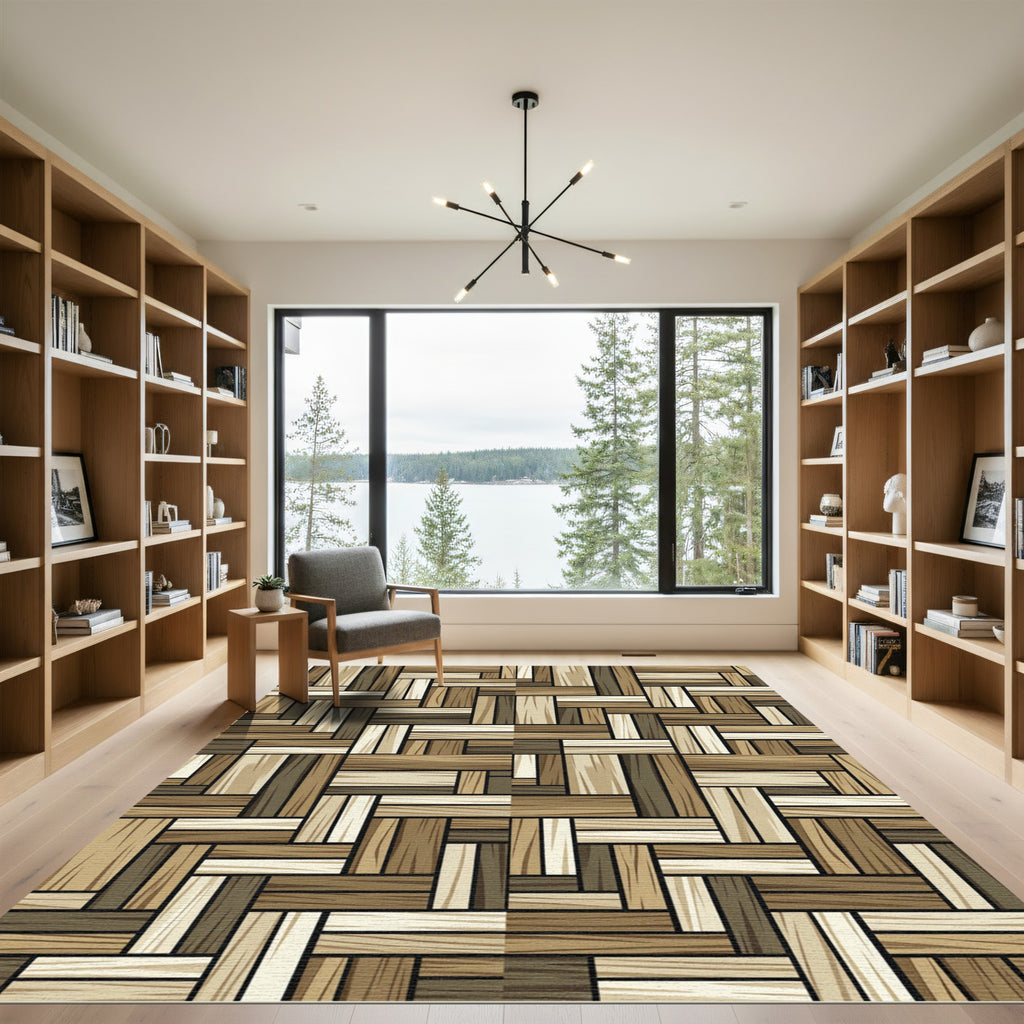Woven Earthy Tones Striped Plank Grid Rug