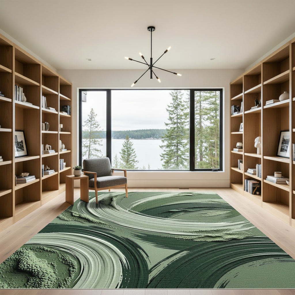 Muted Green Swirl Brushstroke Rug