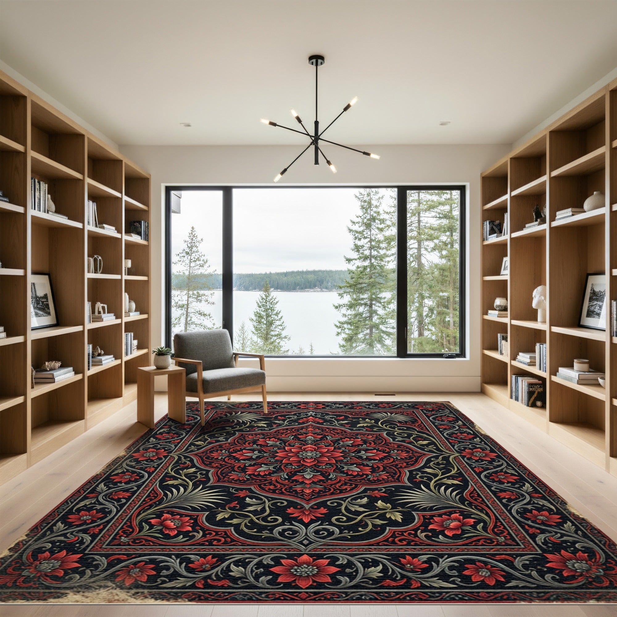 Elegant Crimson Floral Medallion Charcoal Art Rug