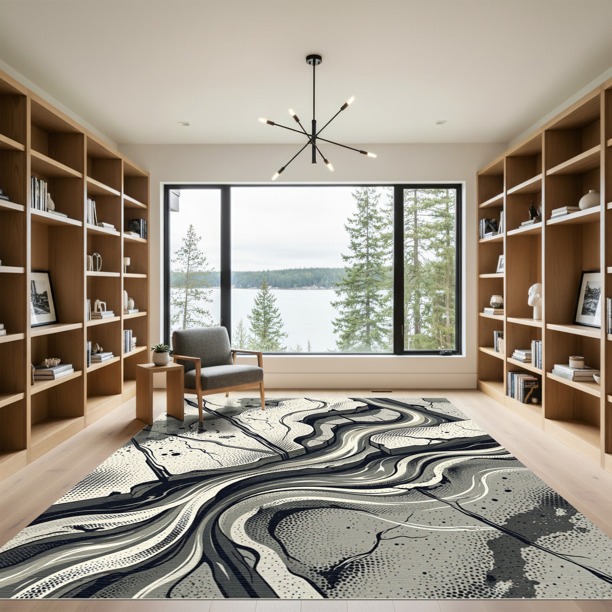 Monochrome Abstract Winding Lines Rug