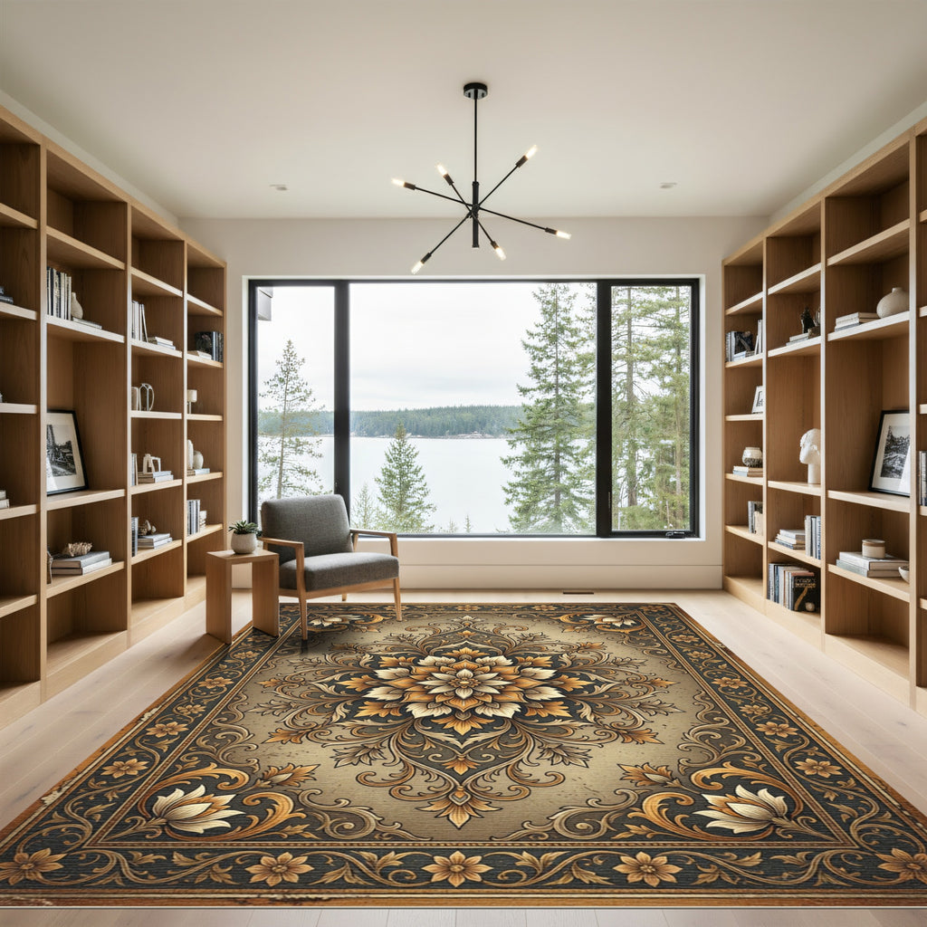 Golden Floral Medallion Scrollwork Area Rug