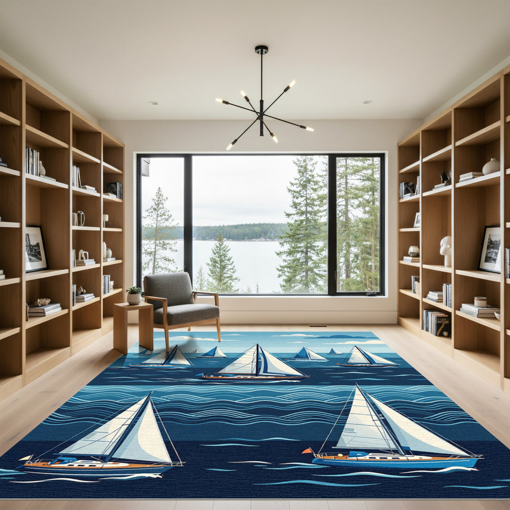 Numerous Blue White Sailboats Sailing Ocean Rug