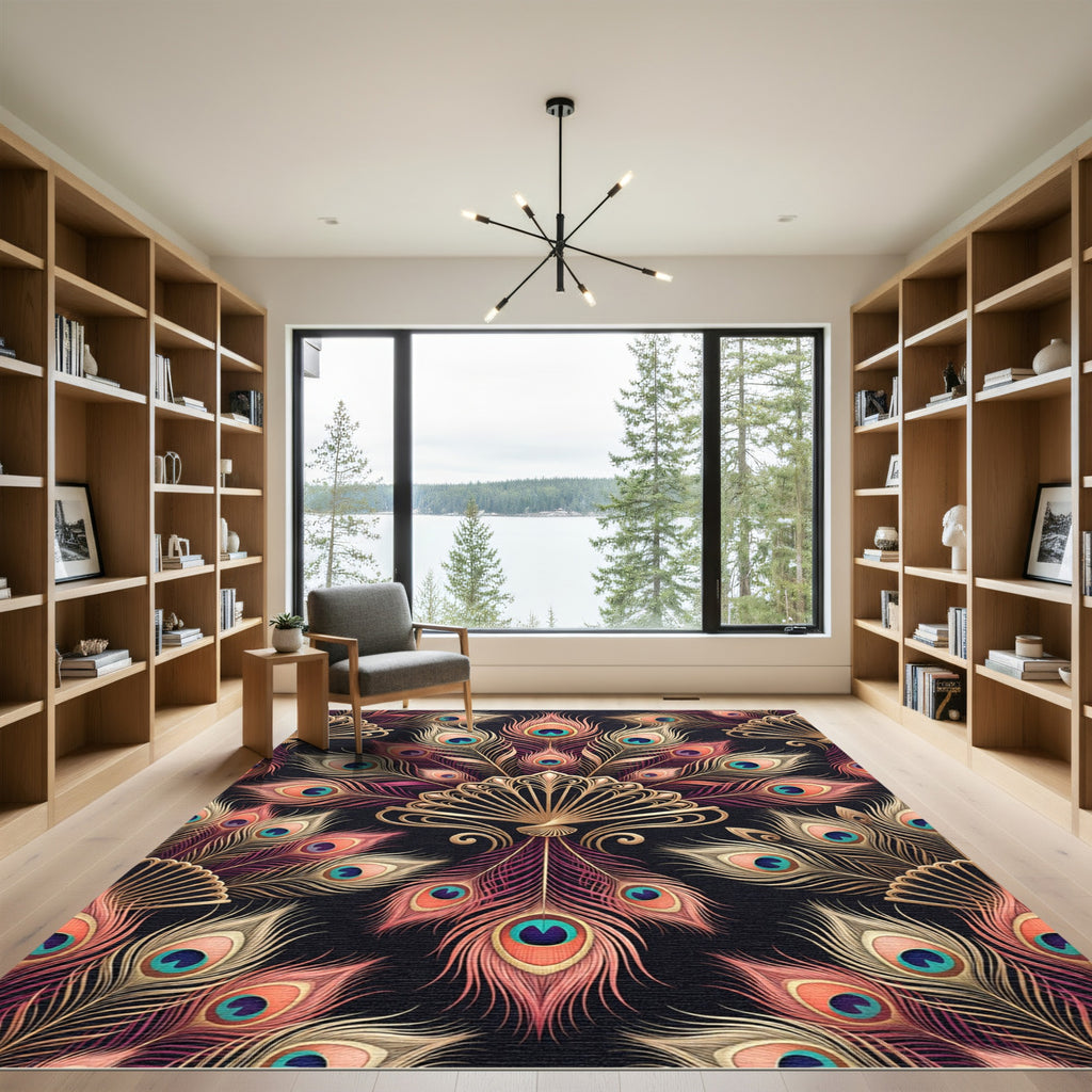 Elegant Gold Peacock Feather Display Rug