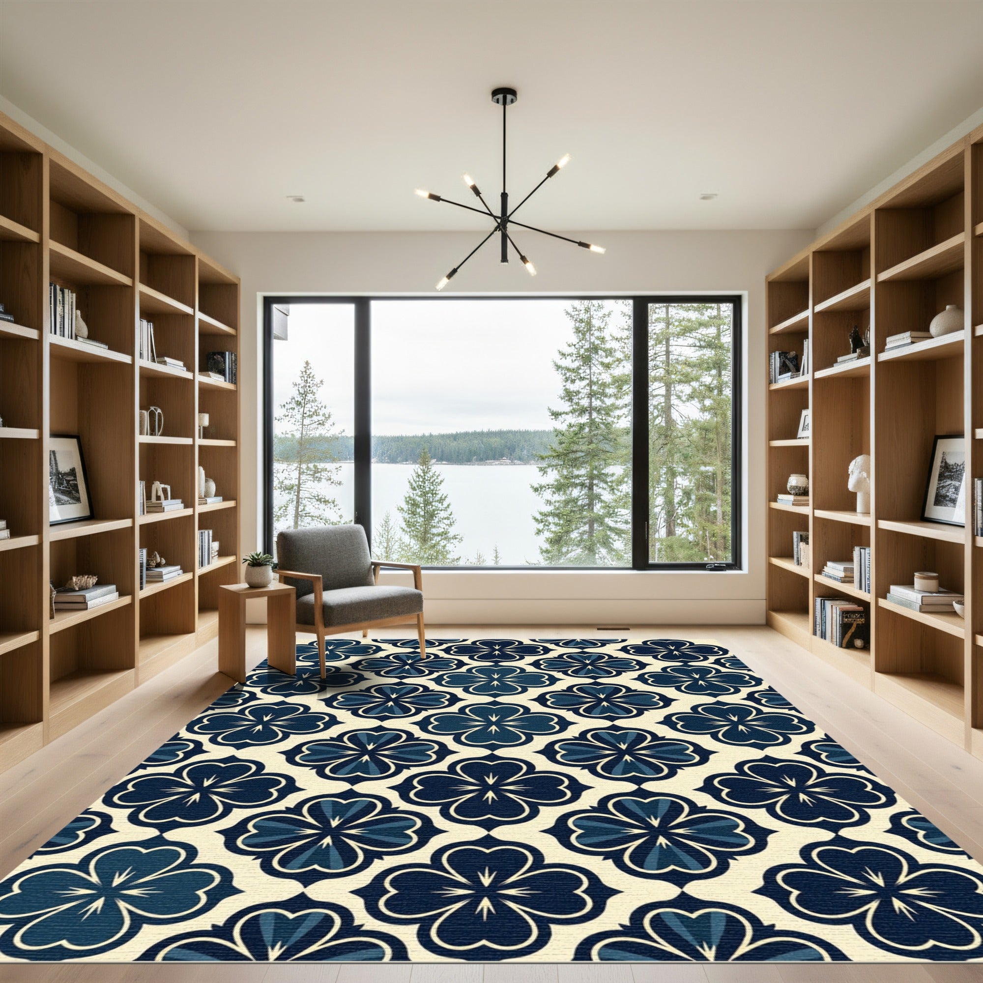 Navy Blue Clover Quatrefoil Floral Geometry Rug