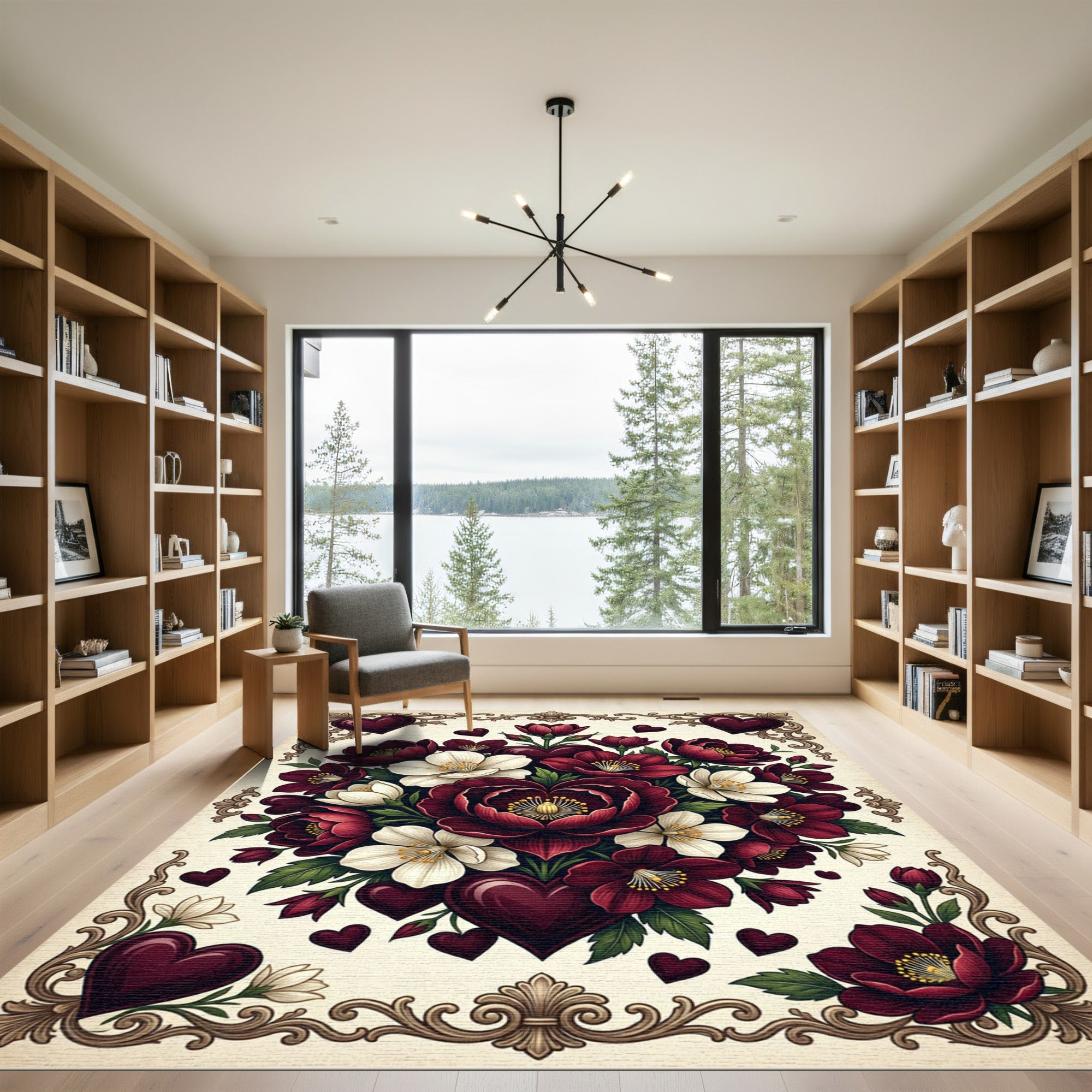 Crimson White Floral Heart Garland Rug