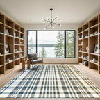 Modern Blue and Beige Plaid Crosshatch Rug