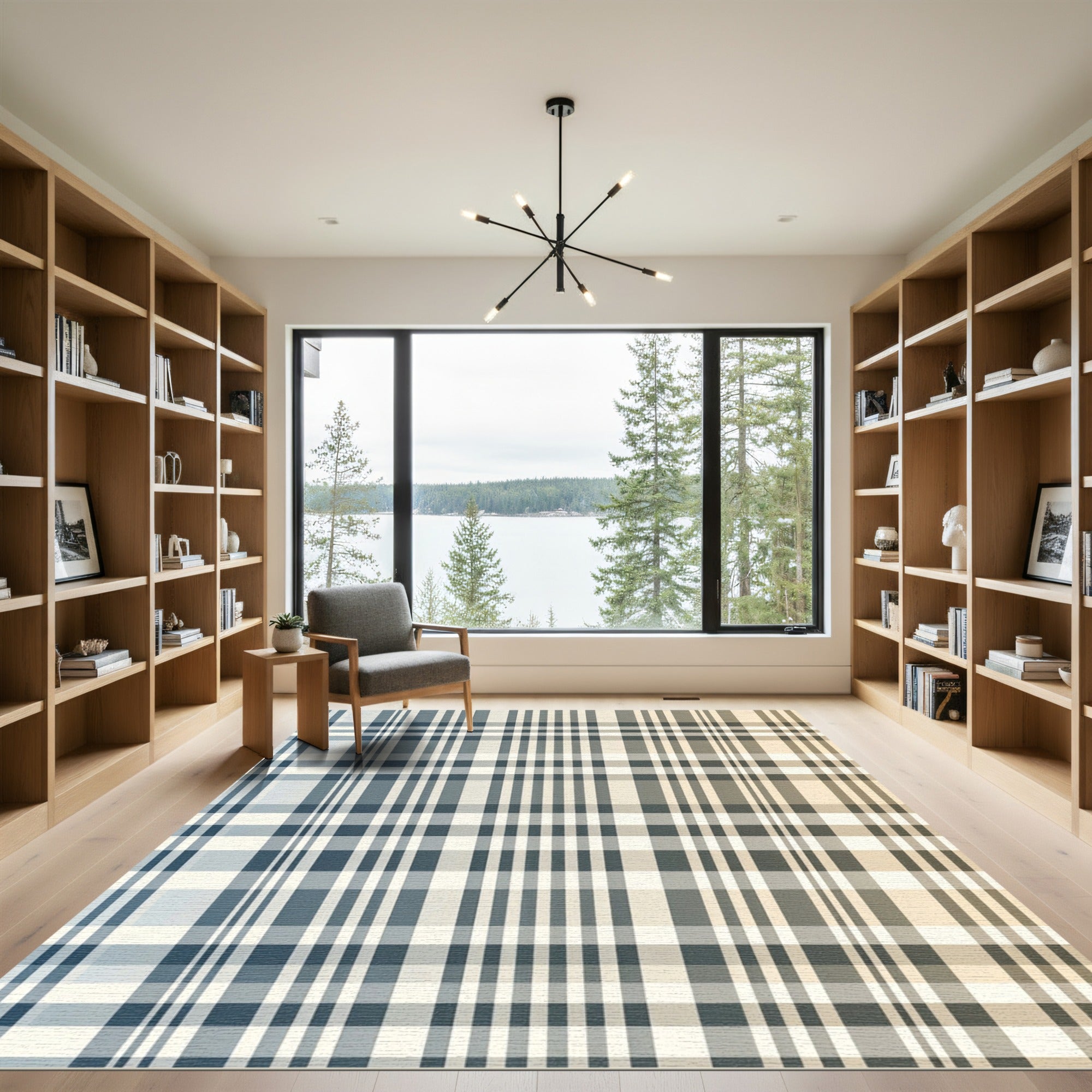 Modern Blue and Beige Plaid Crosshatch Rug