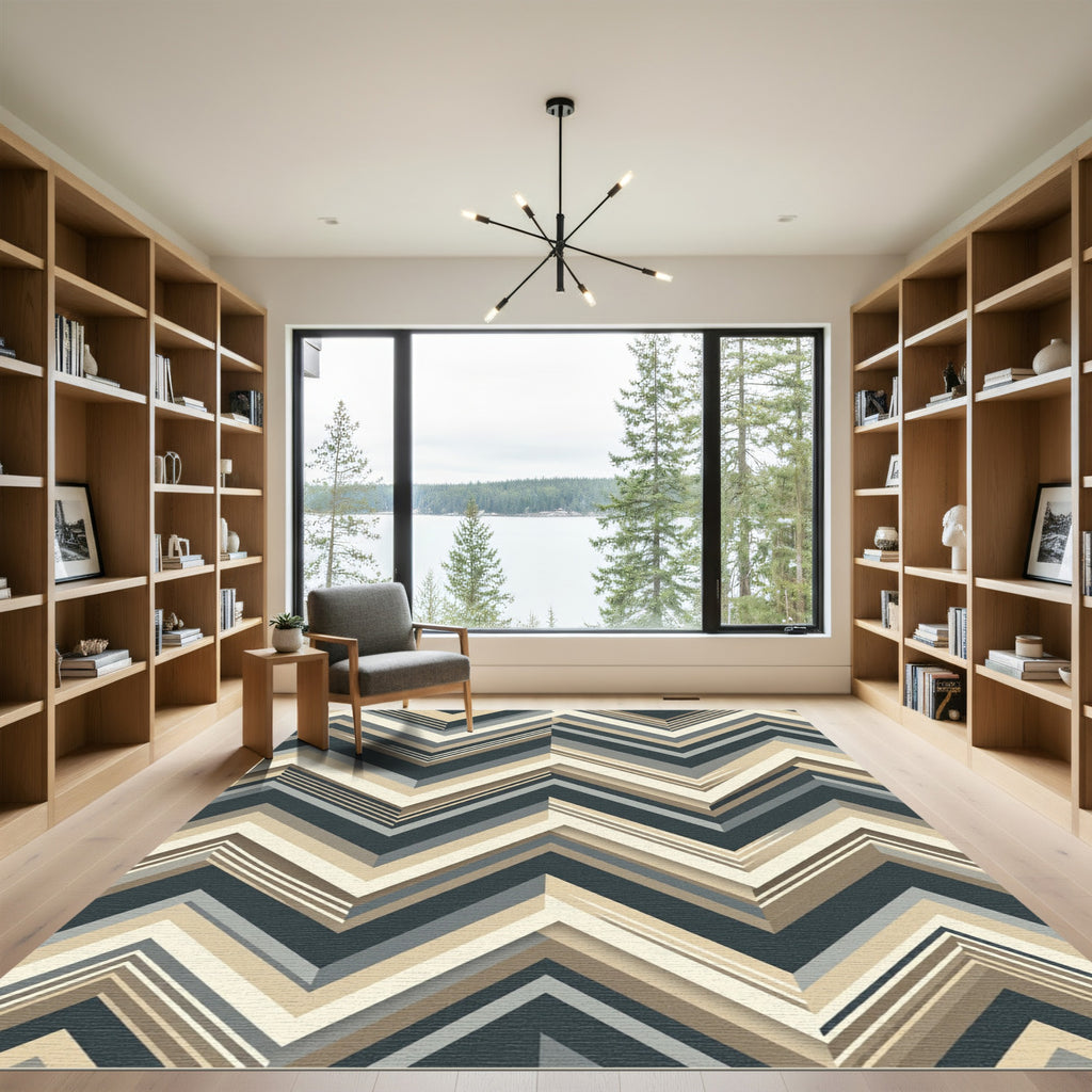 Modern Charcoal and Beige Chevron Striped Rug