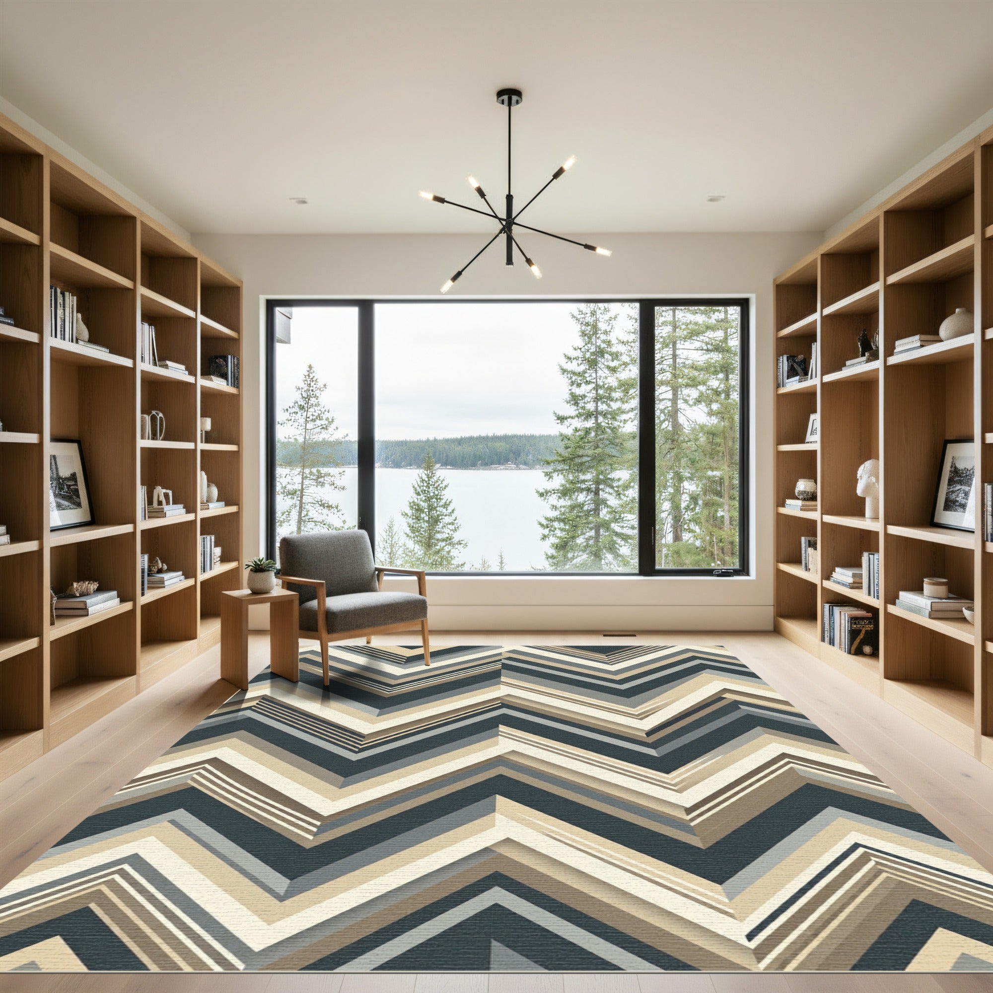 Modern Charcoal and Beige Chevron Striped Rug