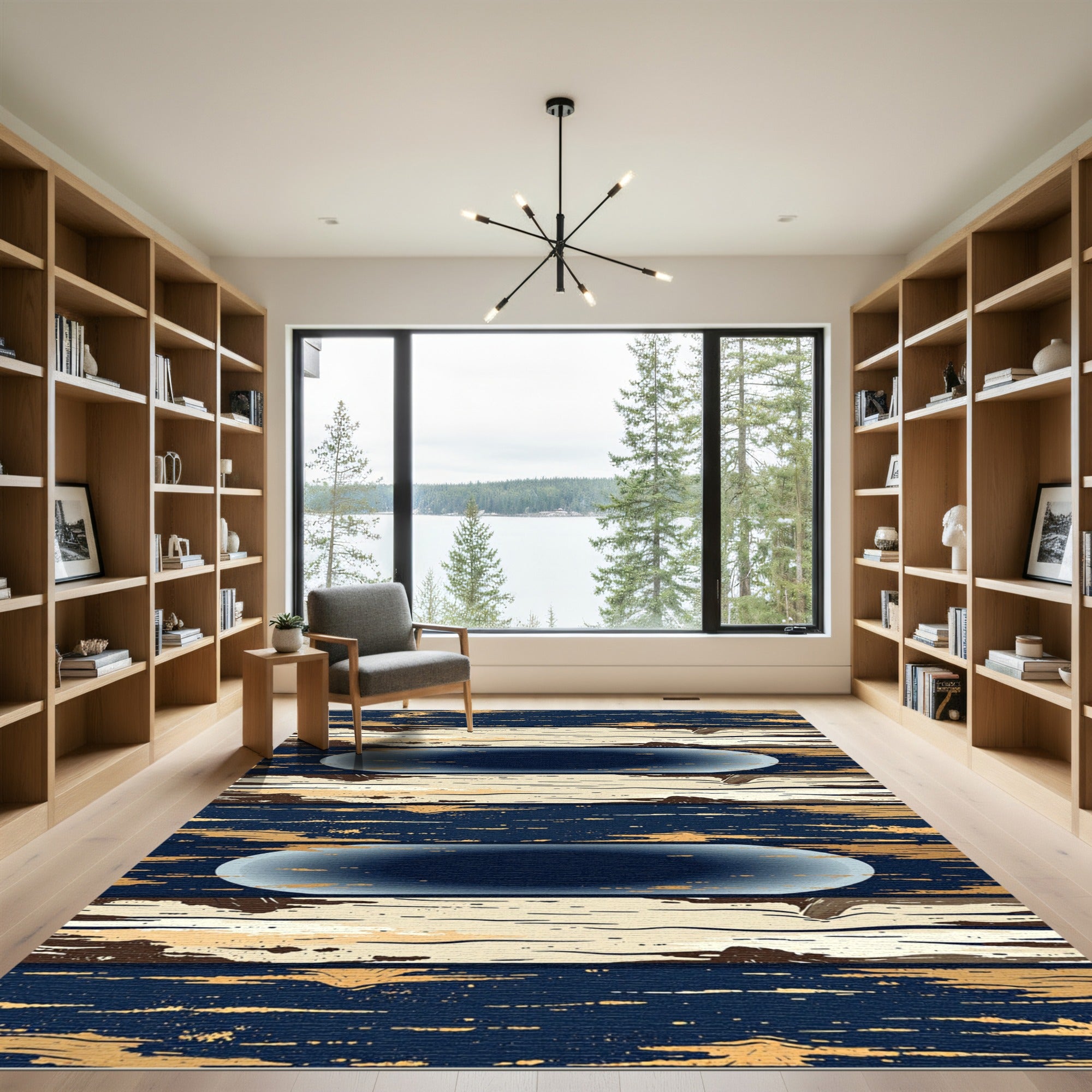 Rustic Navy and Cream Striped Ellipse Rug