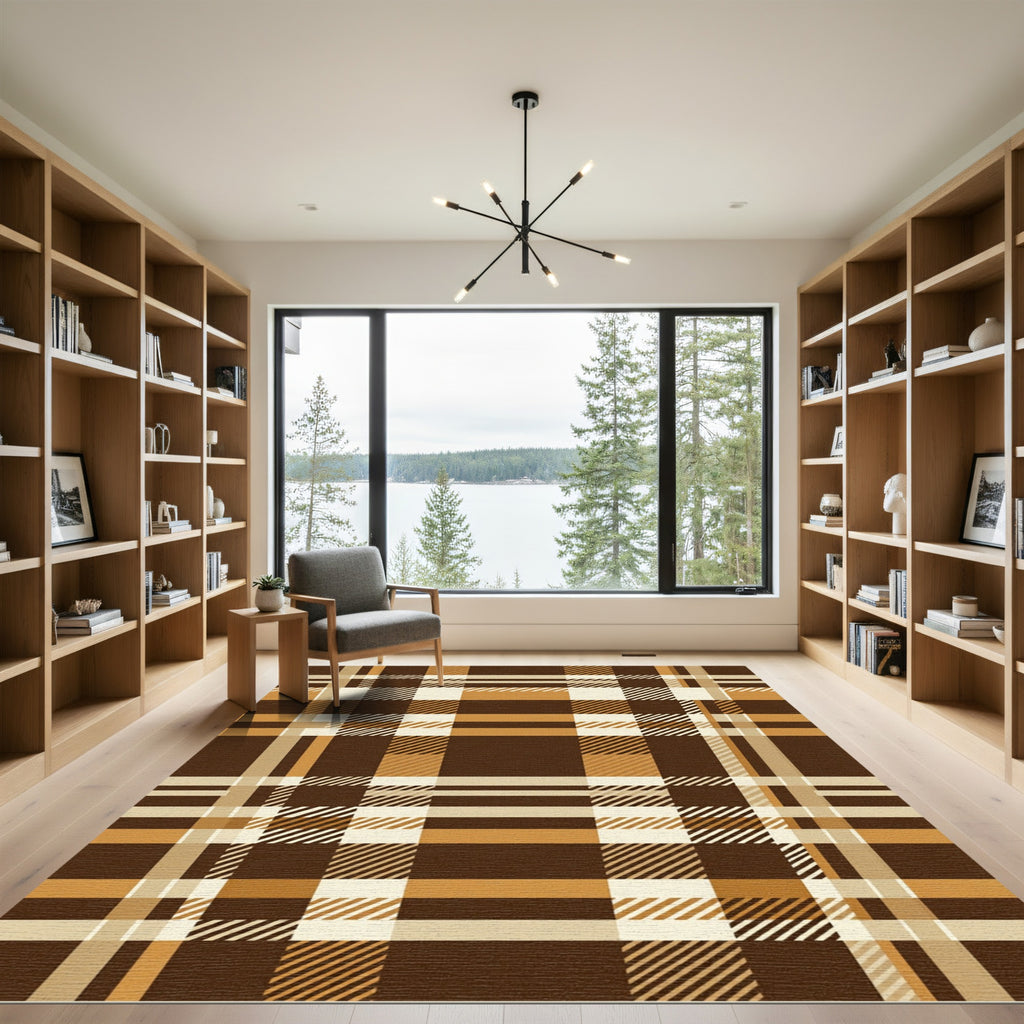 Warm Brown Tan Plaid Squares Rug