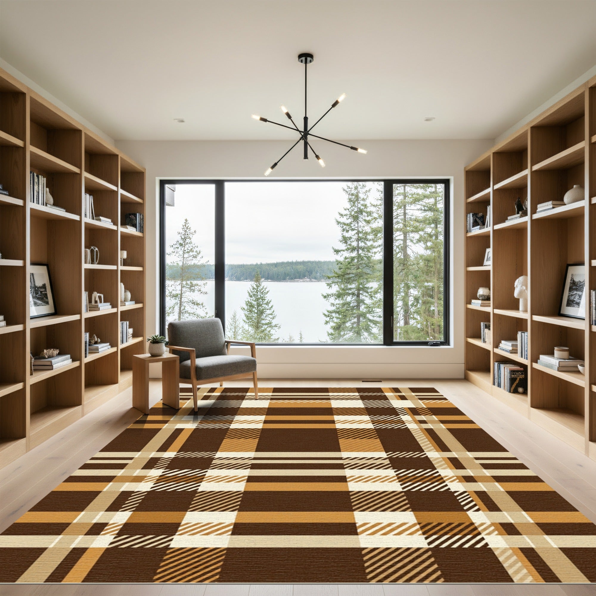 Warm Brown Tan Plaid Squares Rug