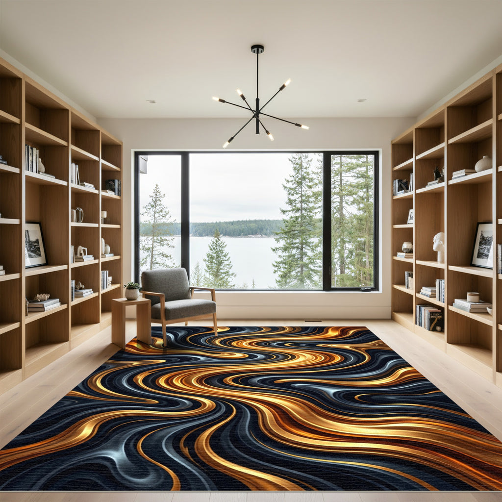 Liquid Gold and Charcoal Abstract Swirl Rug