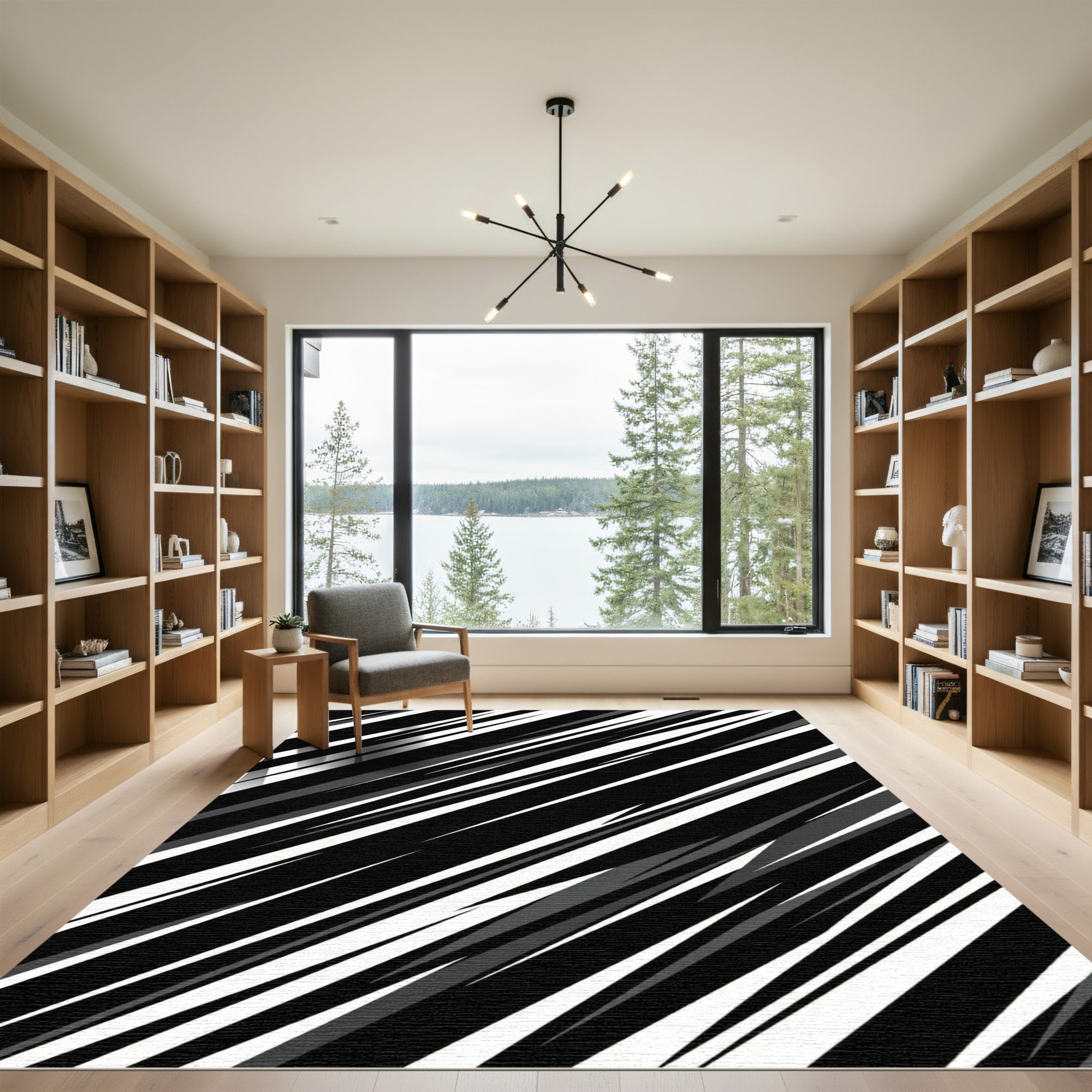 Bold Black and White Diagonal Stripe Rug