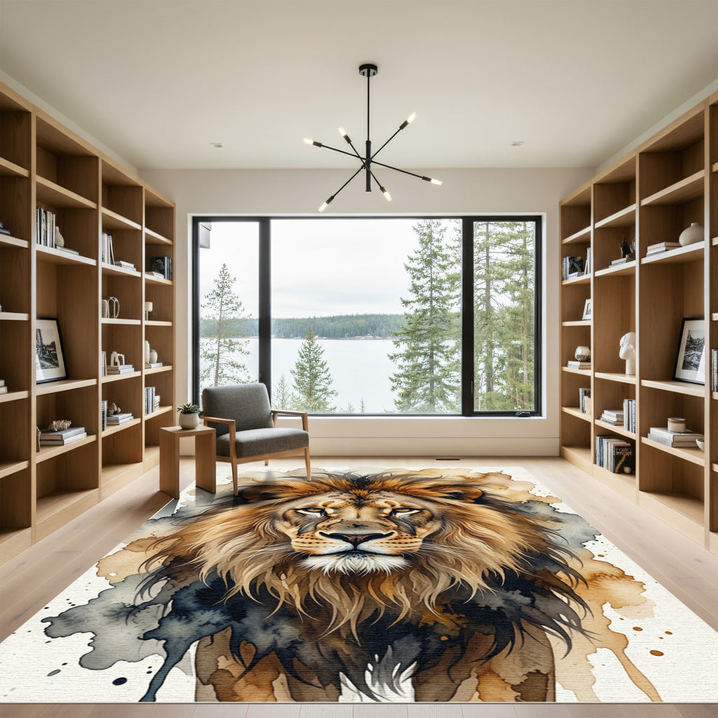 Majestic Watercolor Lion Face Portrait Rug