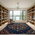 Ornate Blue Orange Scrollwork Medallion Rug