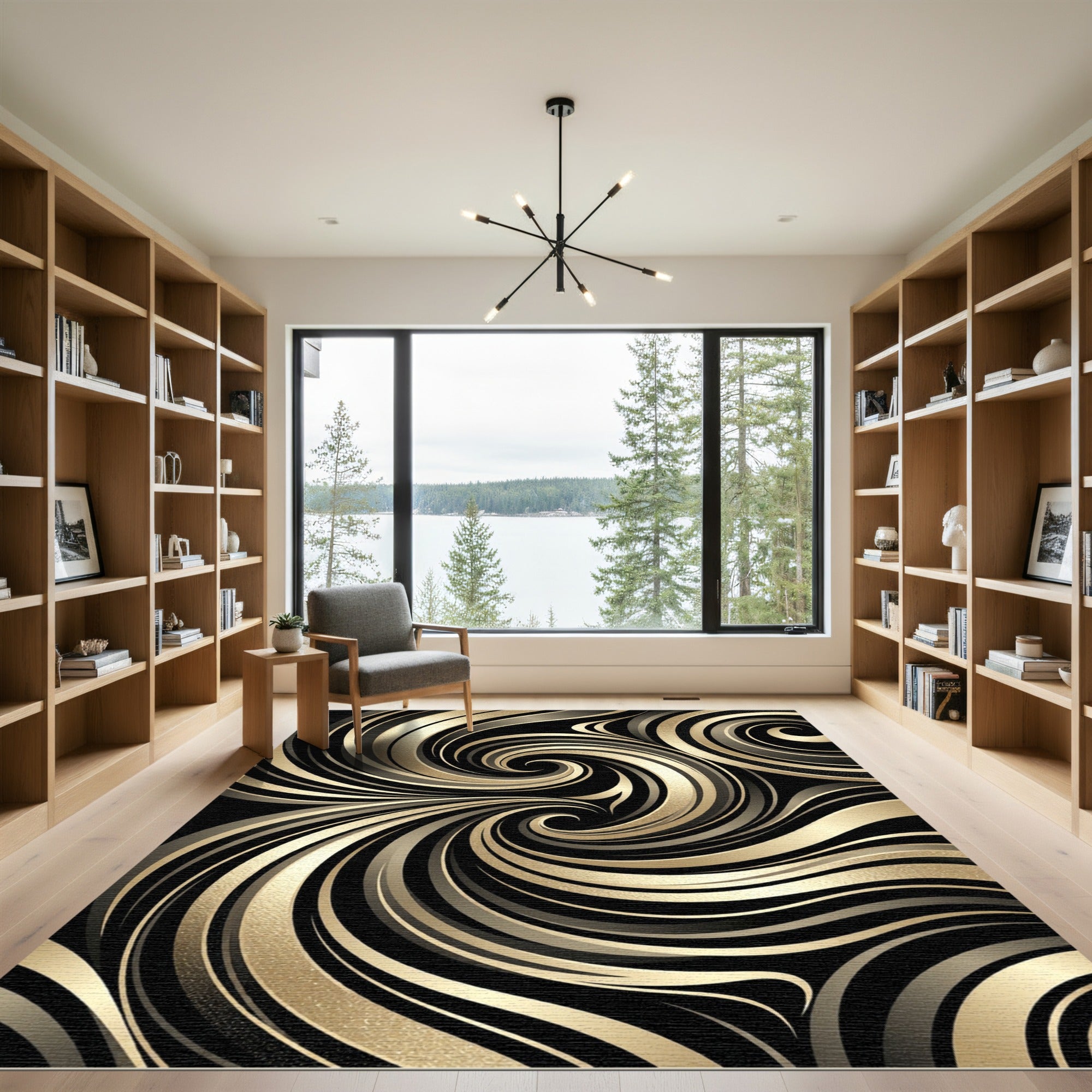 Elegant Black Golden Swirl Abstract Rug