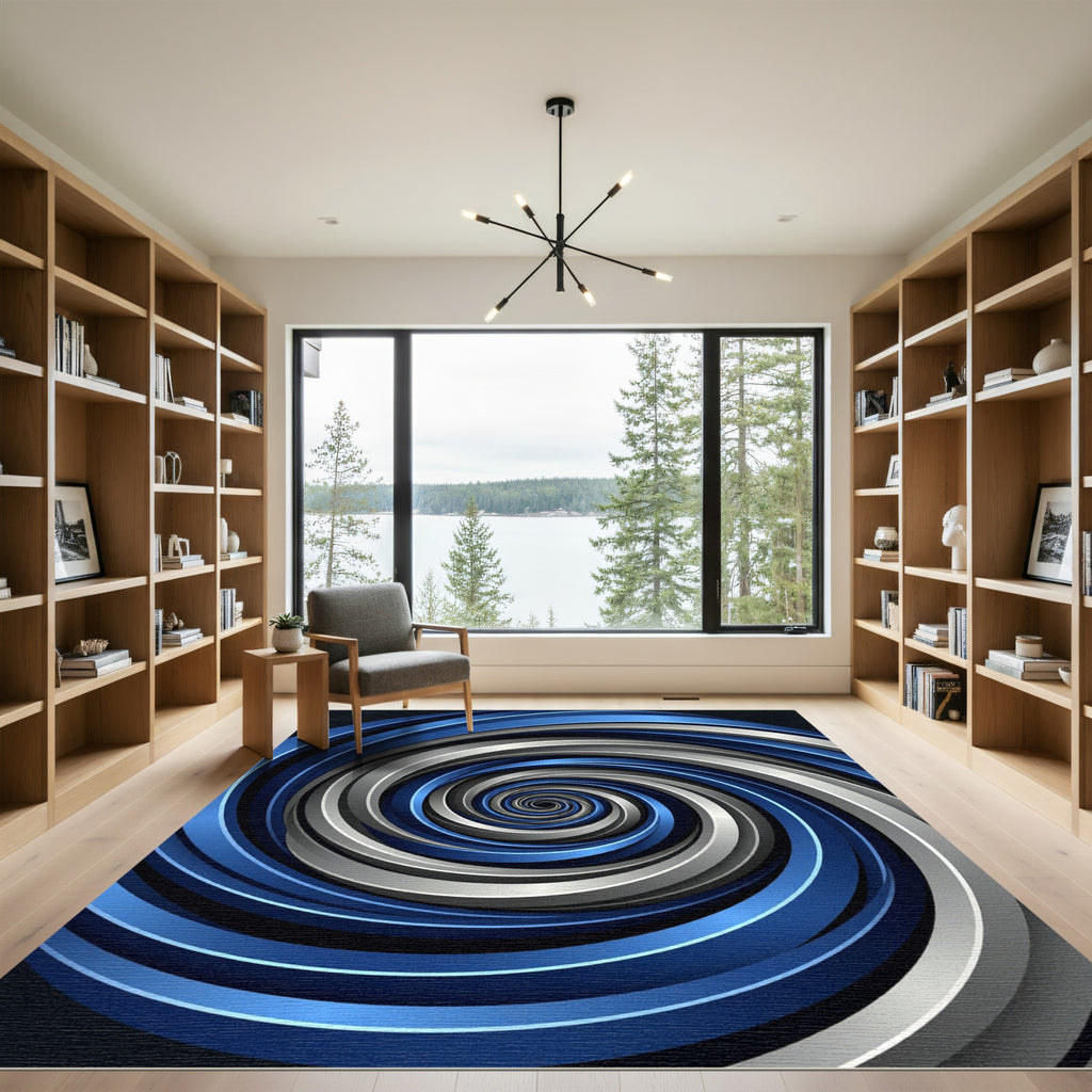 Modern Blue and Silver Swirl Spiral Rug