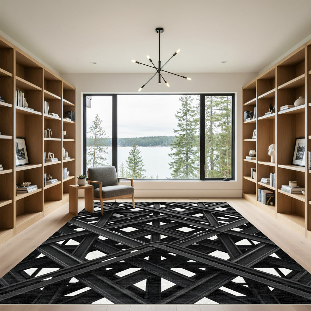 Dark Gray Interlocking Geometric Structure Rug
