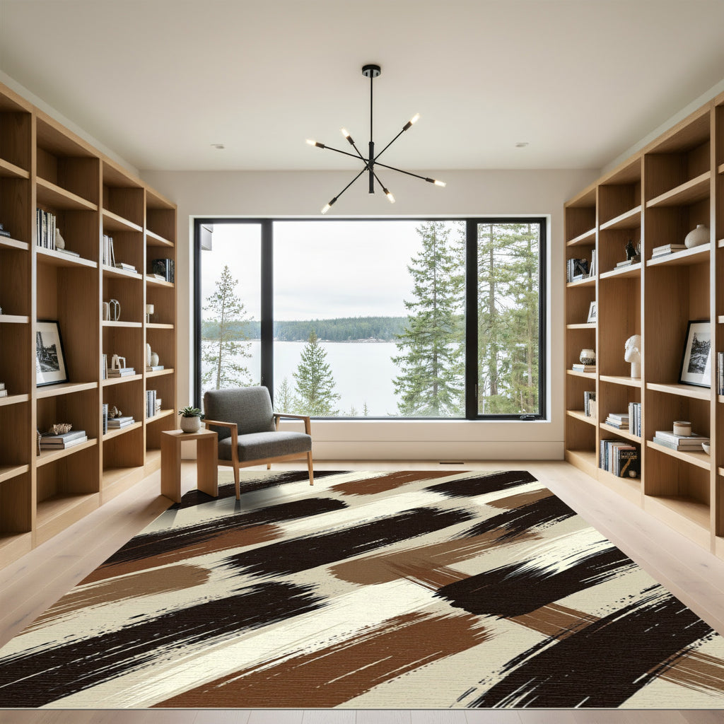 Earthy Brown Cream Brush Strokes Rug