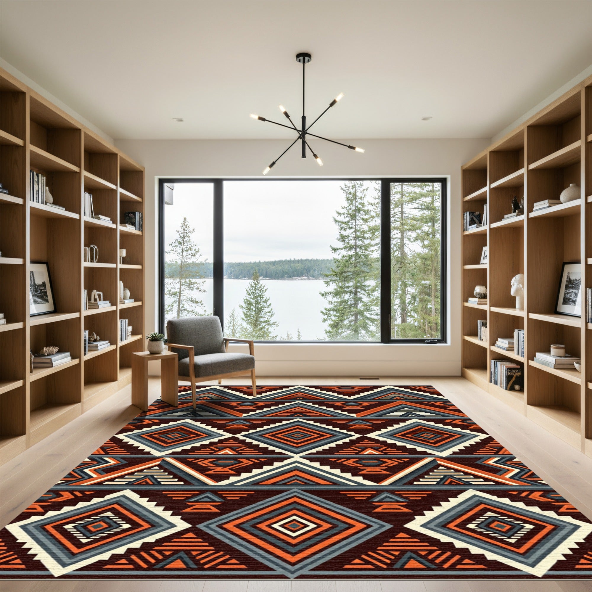 Geometric Burnt Orange Indigo Aztec Composition Rug