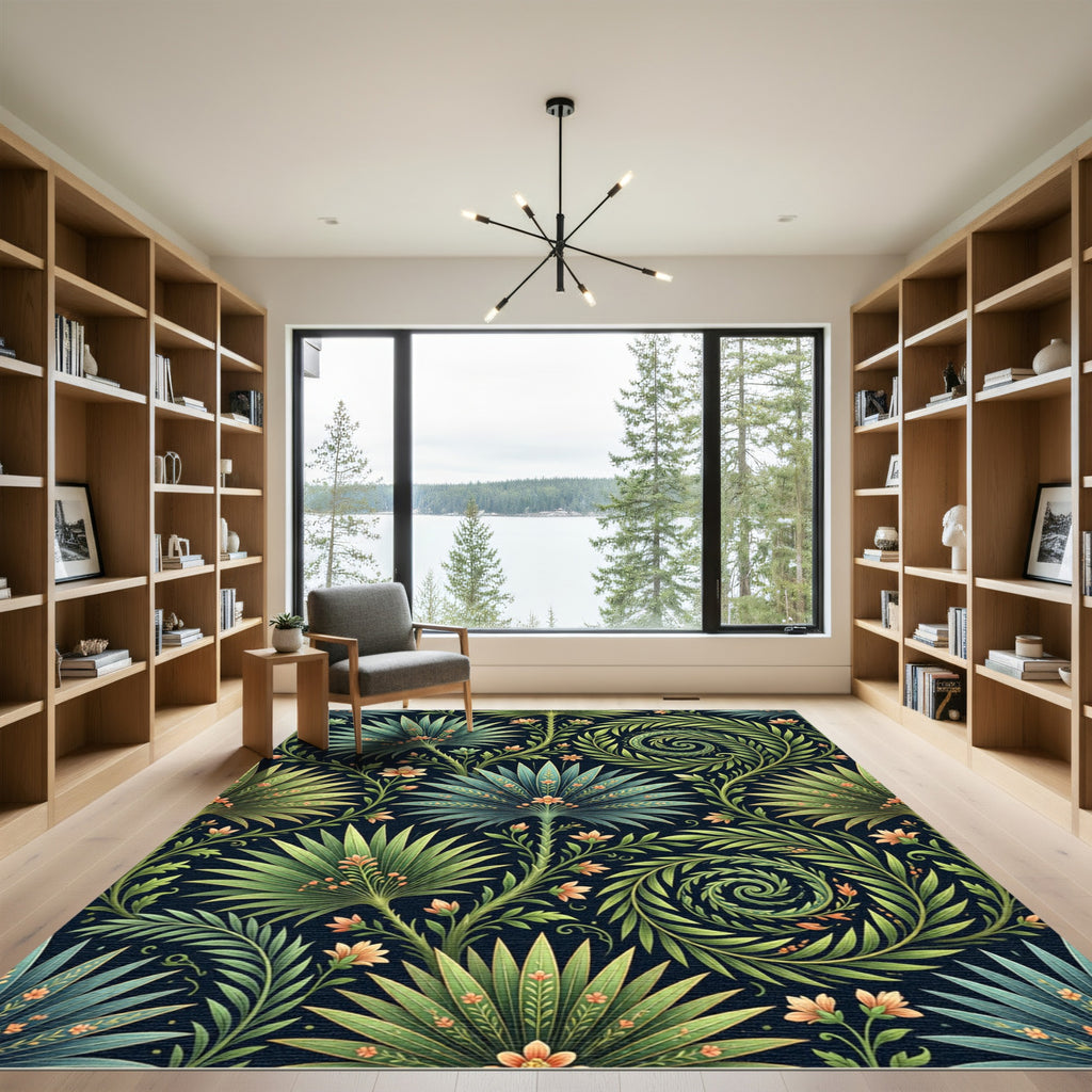 Lush Green Tropical Foliage Swirl Rug