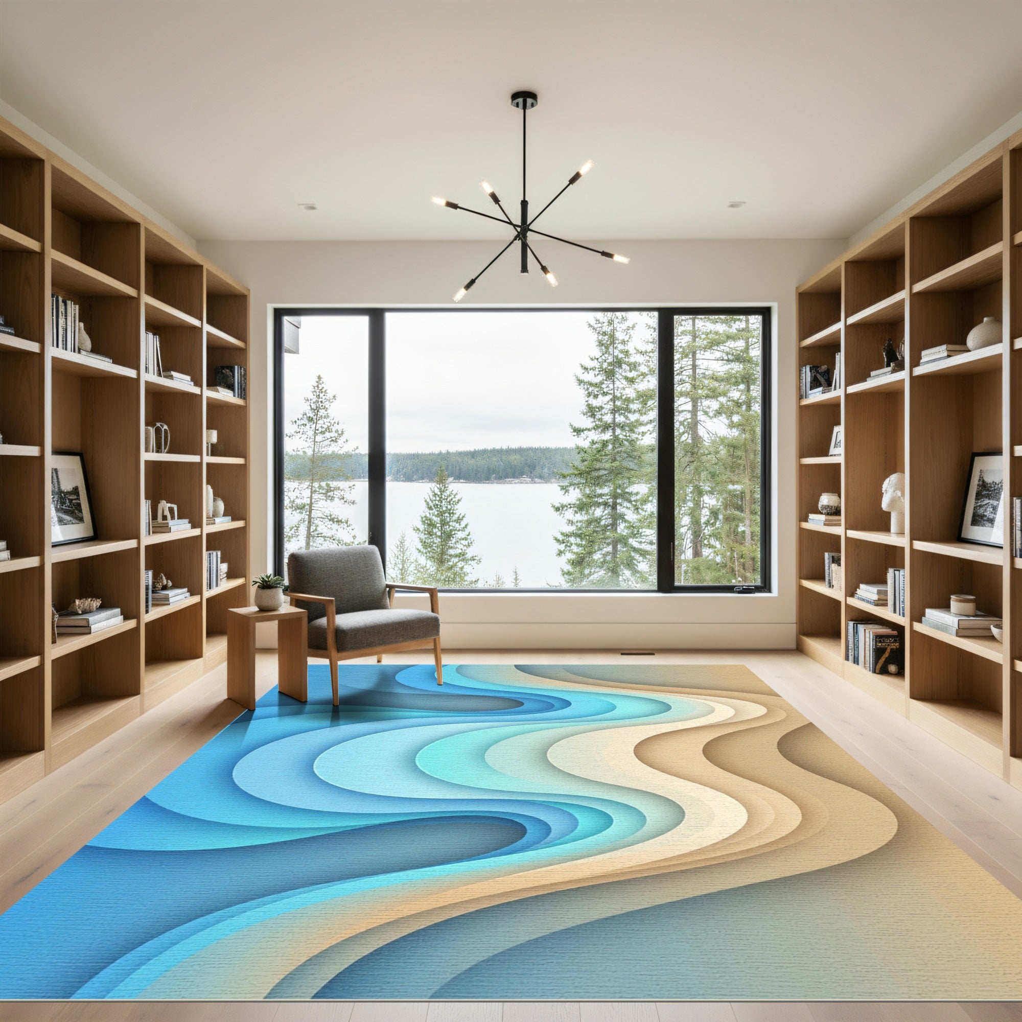 Abstract Blue and Sand Swirling Layers Rug