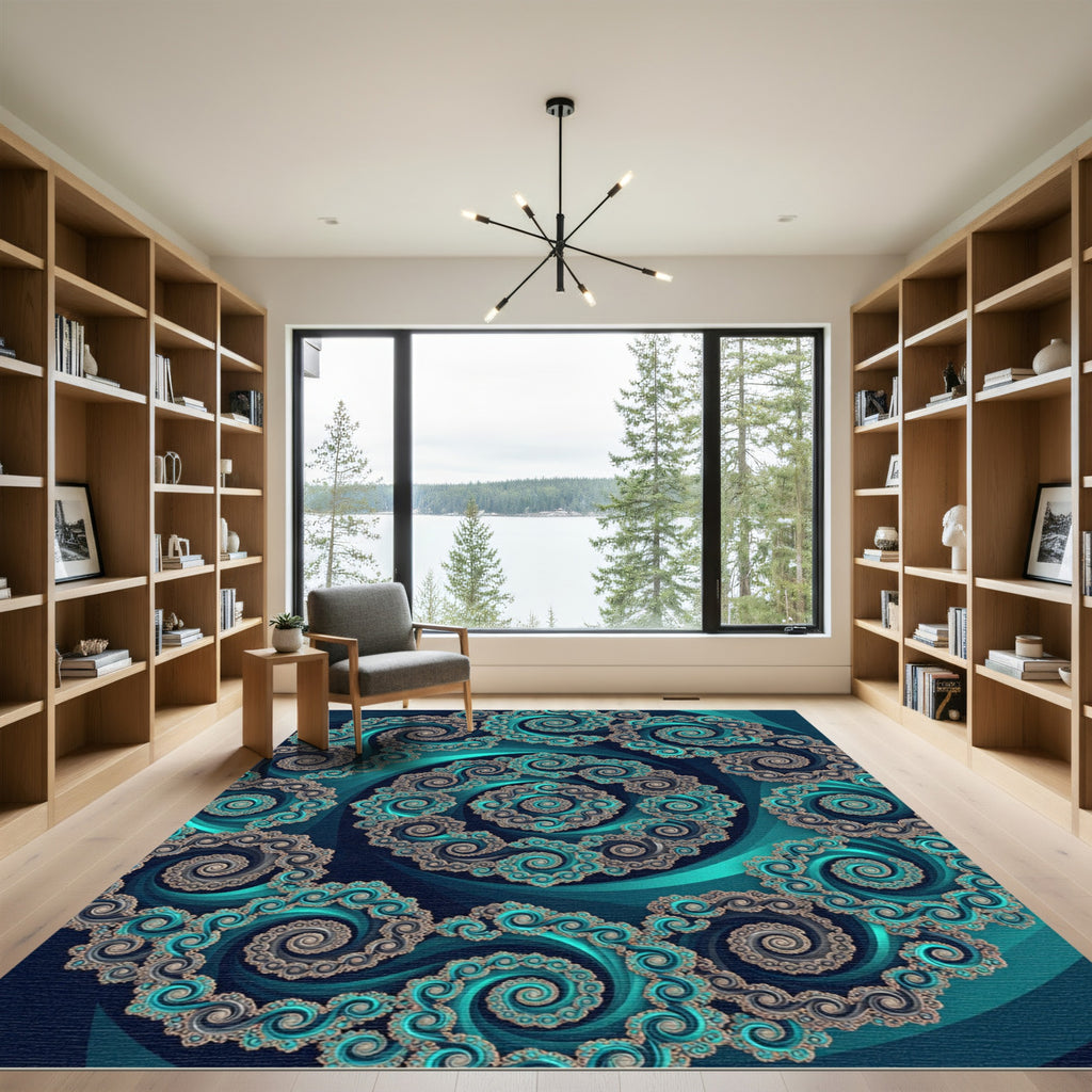 Teal Fractal Infinite Swirl Round Medallion Rug