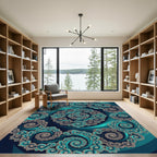 Teal Fractal Infinite Swirl Round Medallion Rug