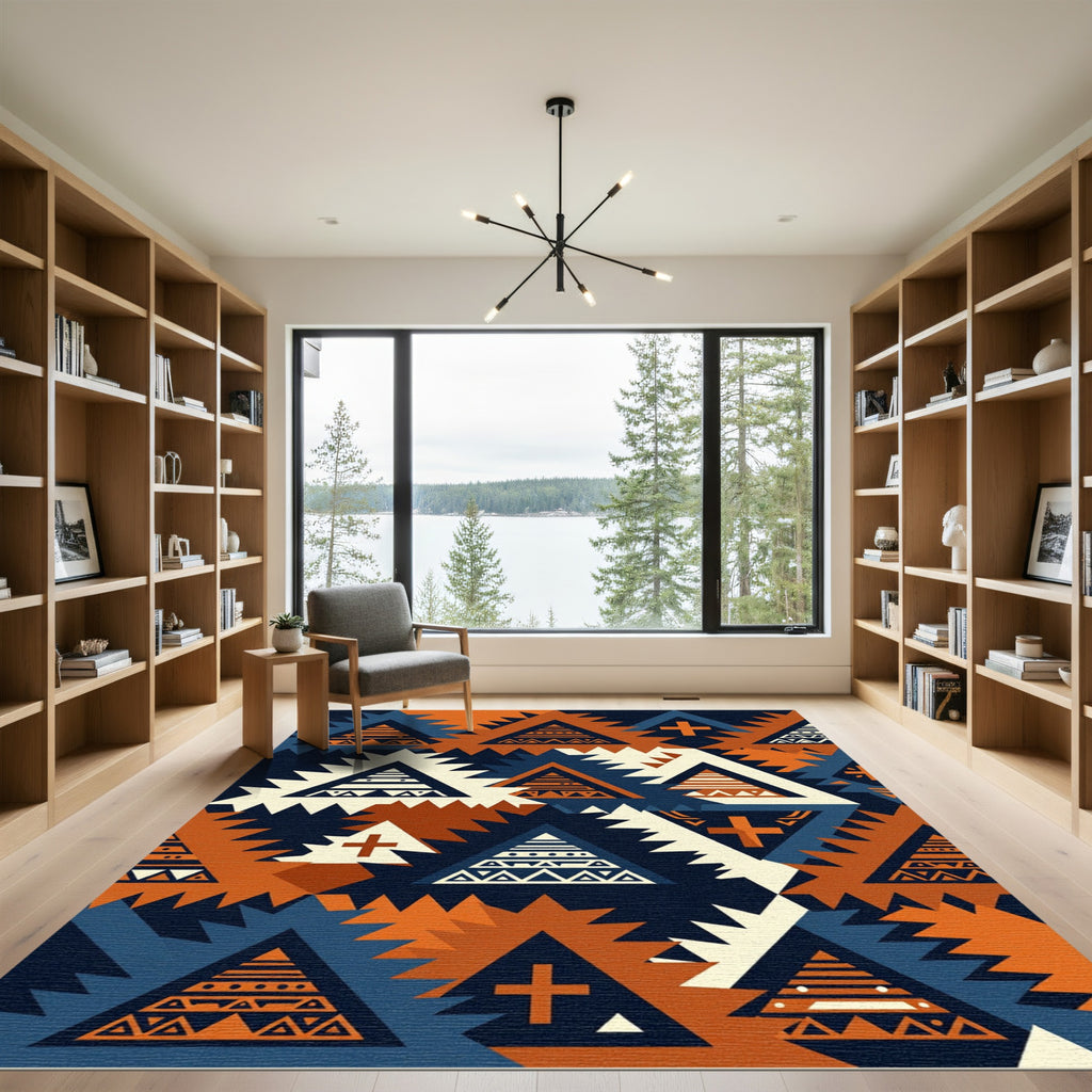 Geometric Navy and Copper Aztec Triangle Rug