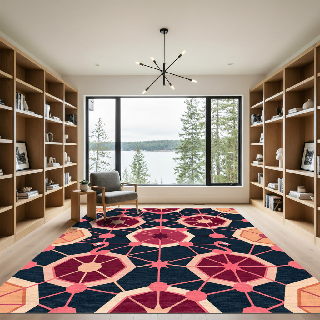 Pink Flamingo Geometric Octagon Pattern Rug