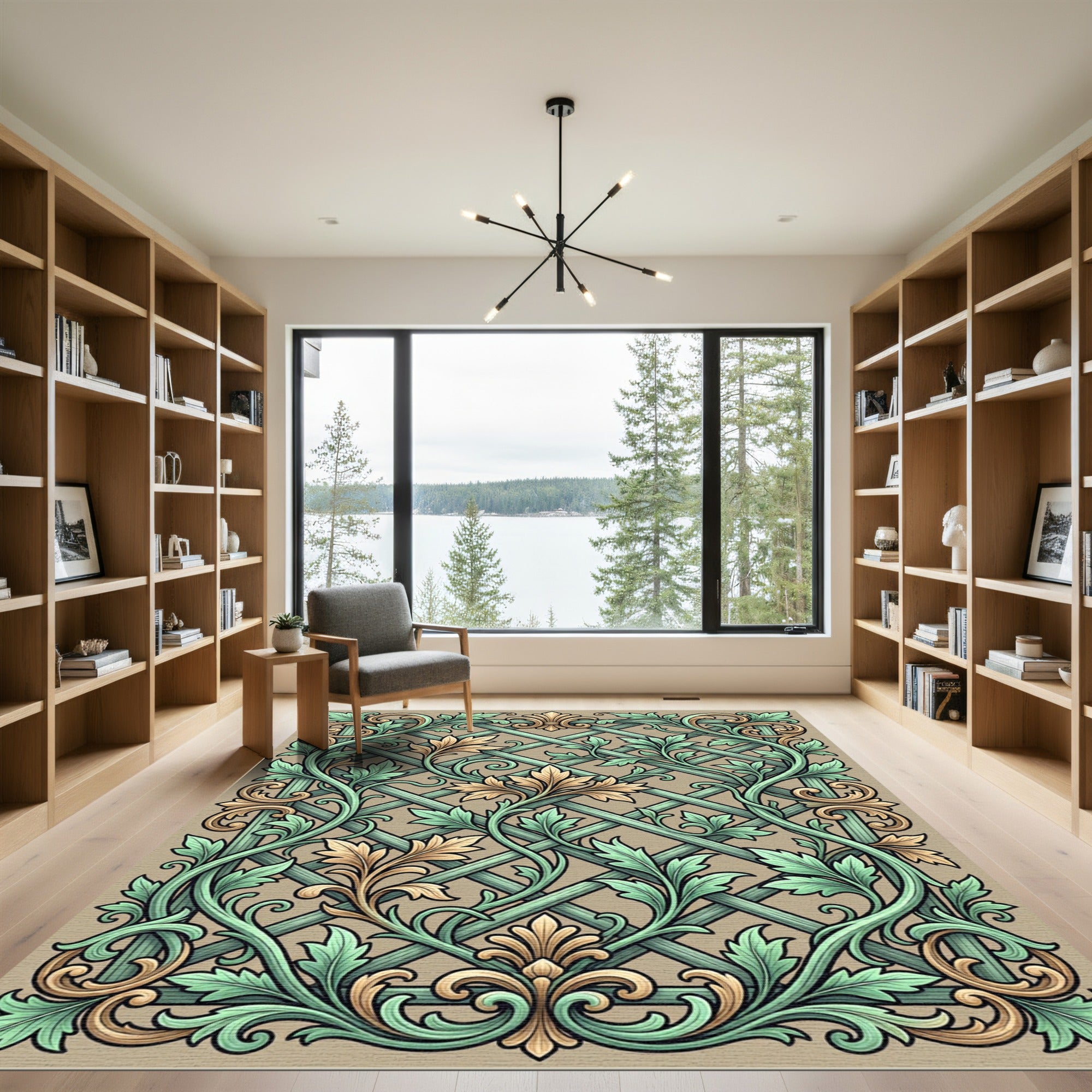 Elegant Sage and Gold Trellis Foliage Rug