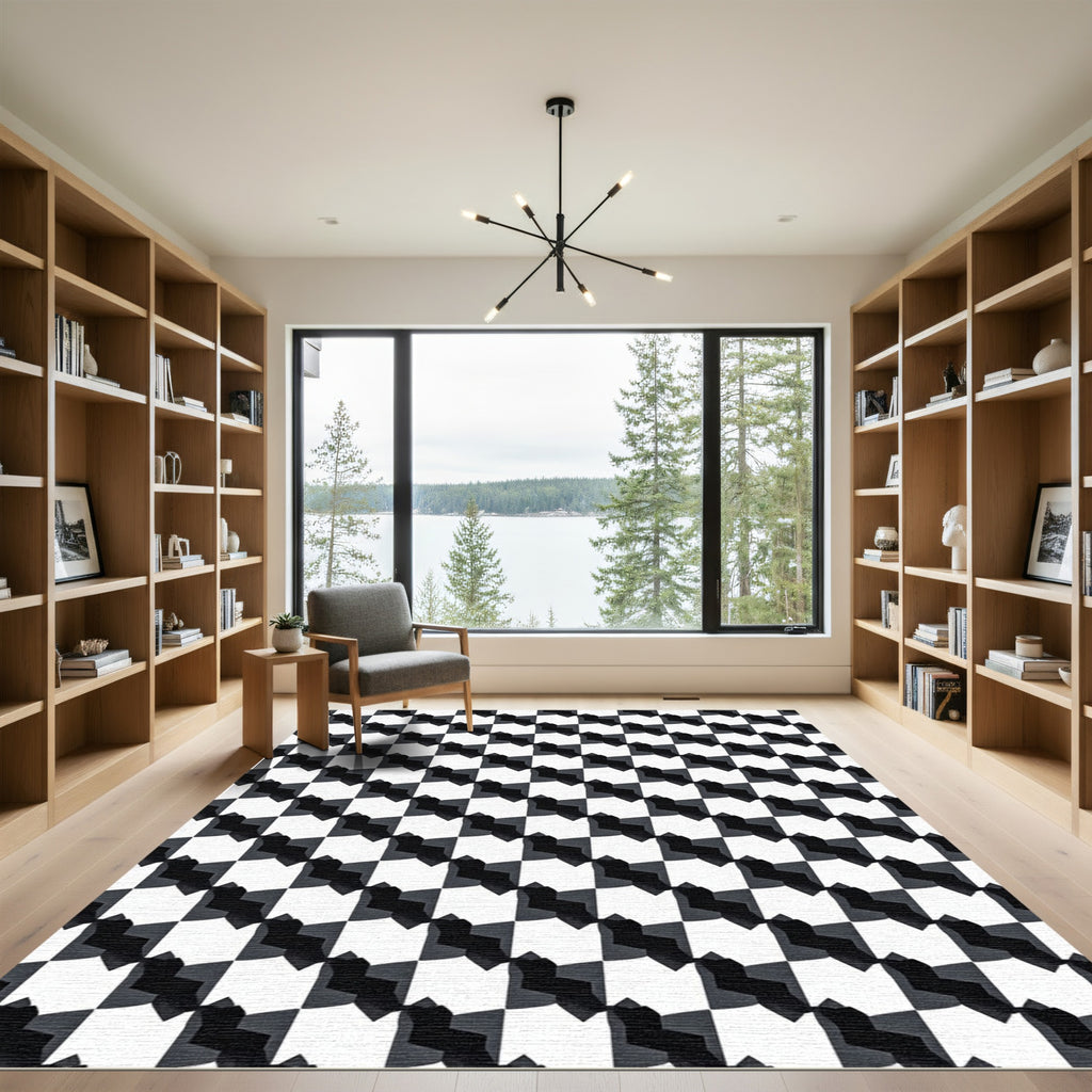 Monochromatic Cubist Chessboard Illusion Rug