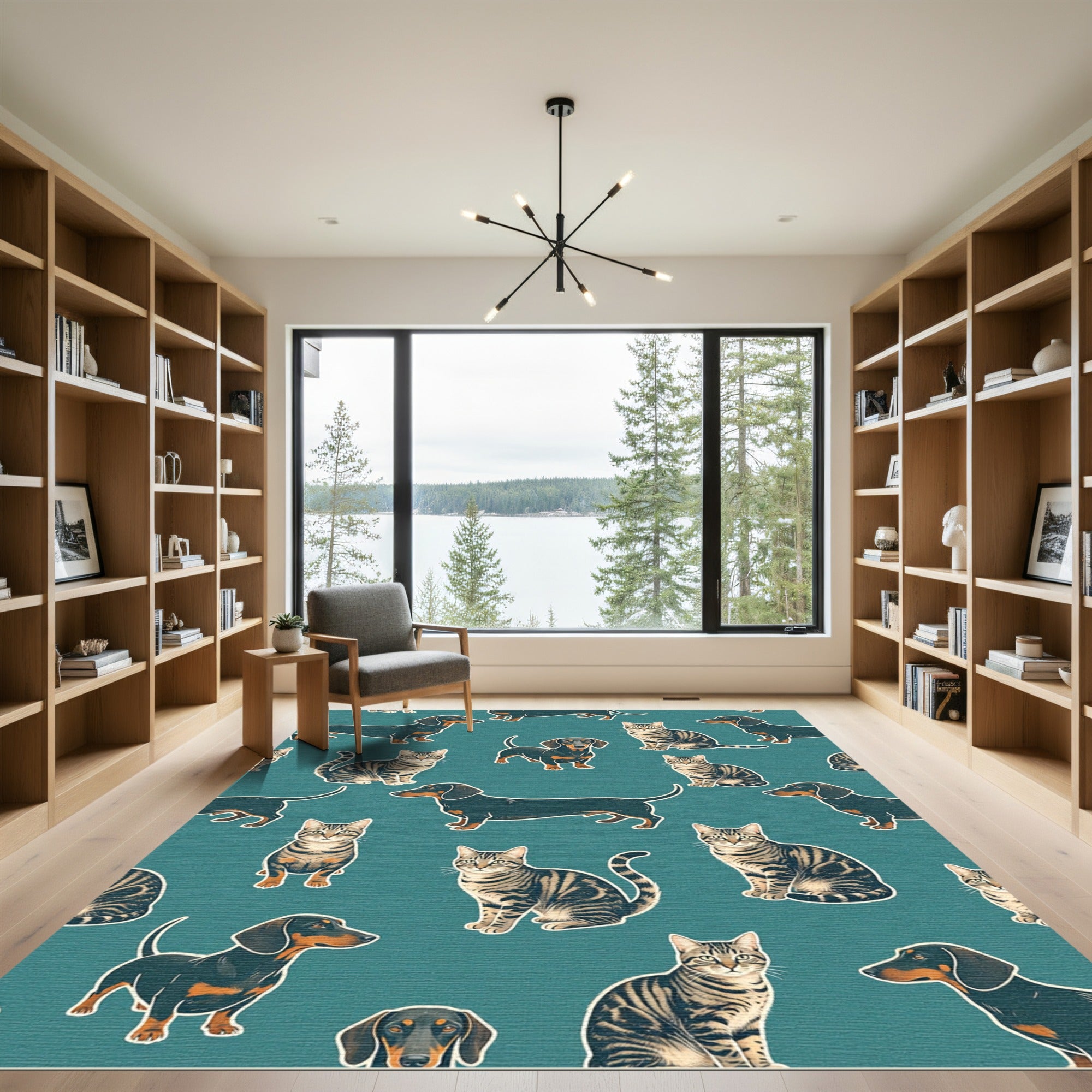 Whimsical Teal Dachshund and Tabby Cat Rug