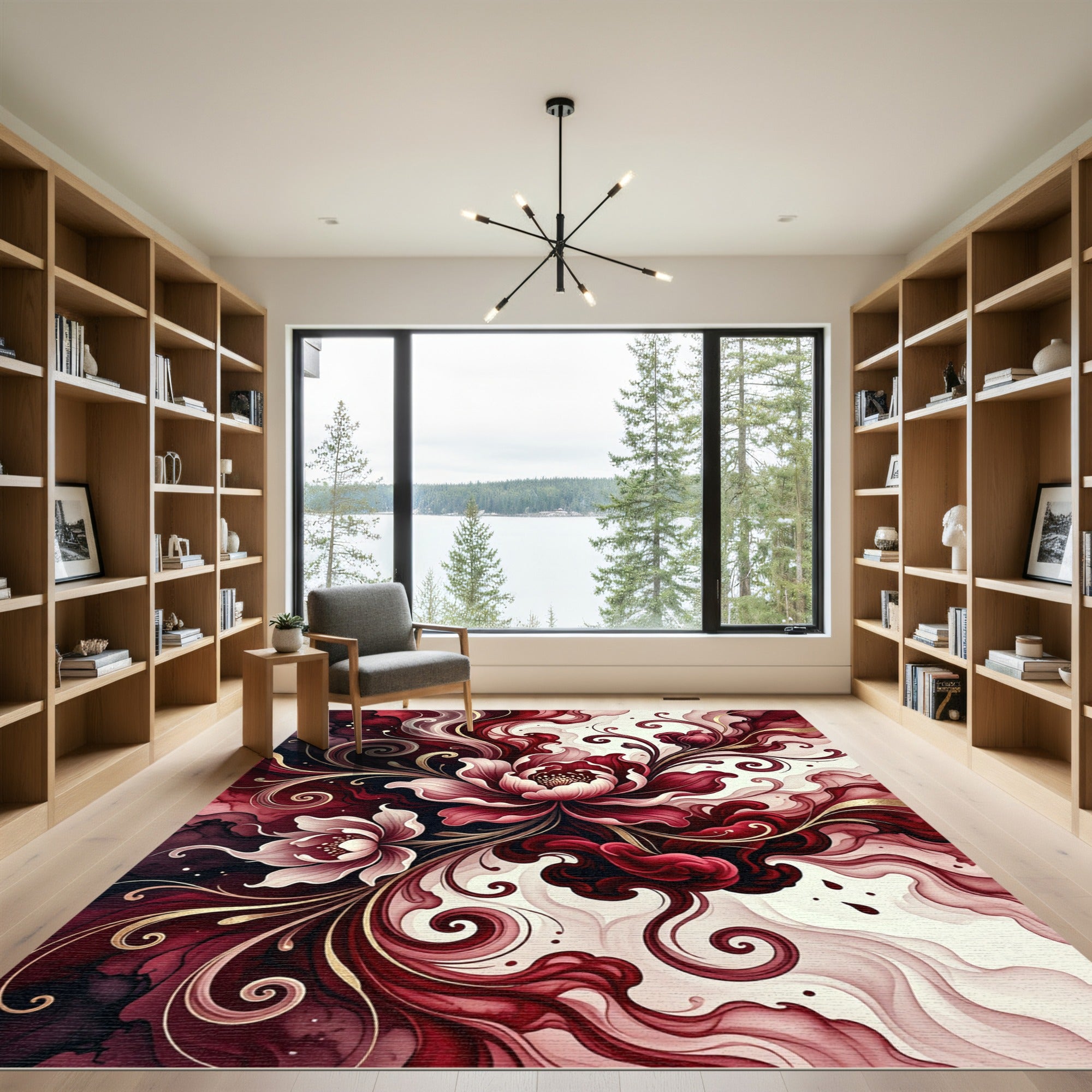 Crimson Floral Swirl Gold Accents Rug