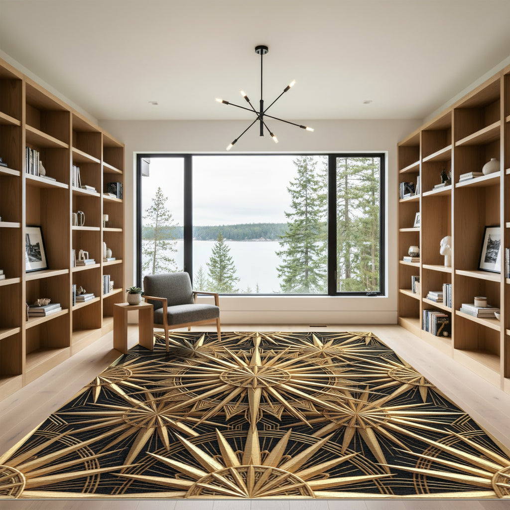 Gold Radiating Geometric Sunburst Art Rug