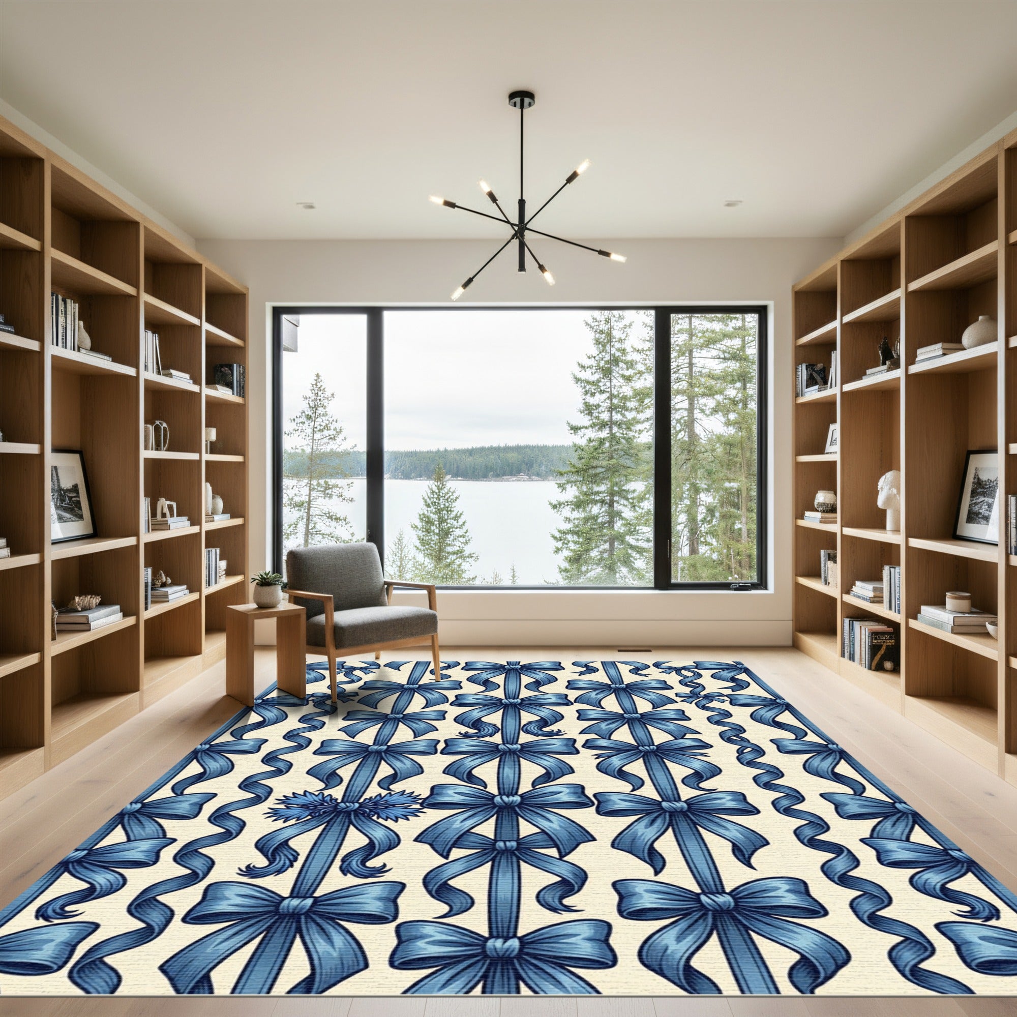 Elegant Navy Ribbon Suspended Bows Rug