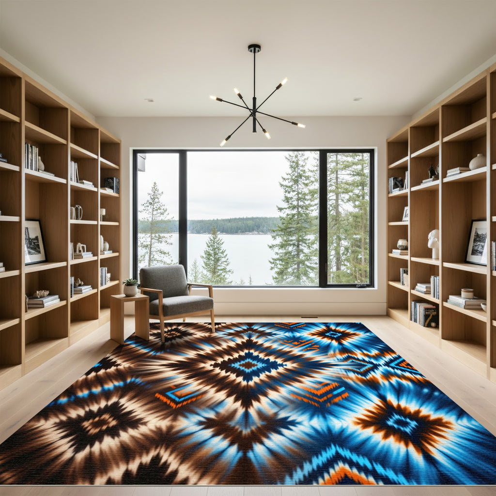 Vibrant Blue and Copper Southwest Diamond Rug