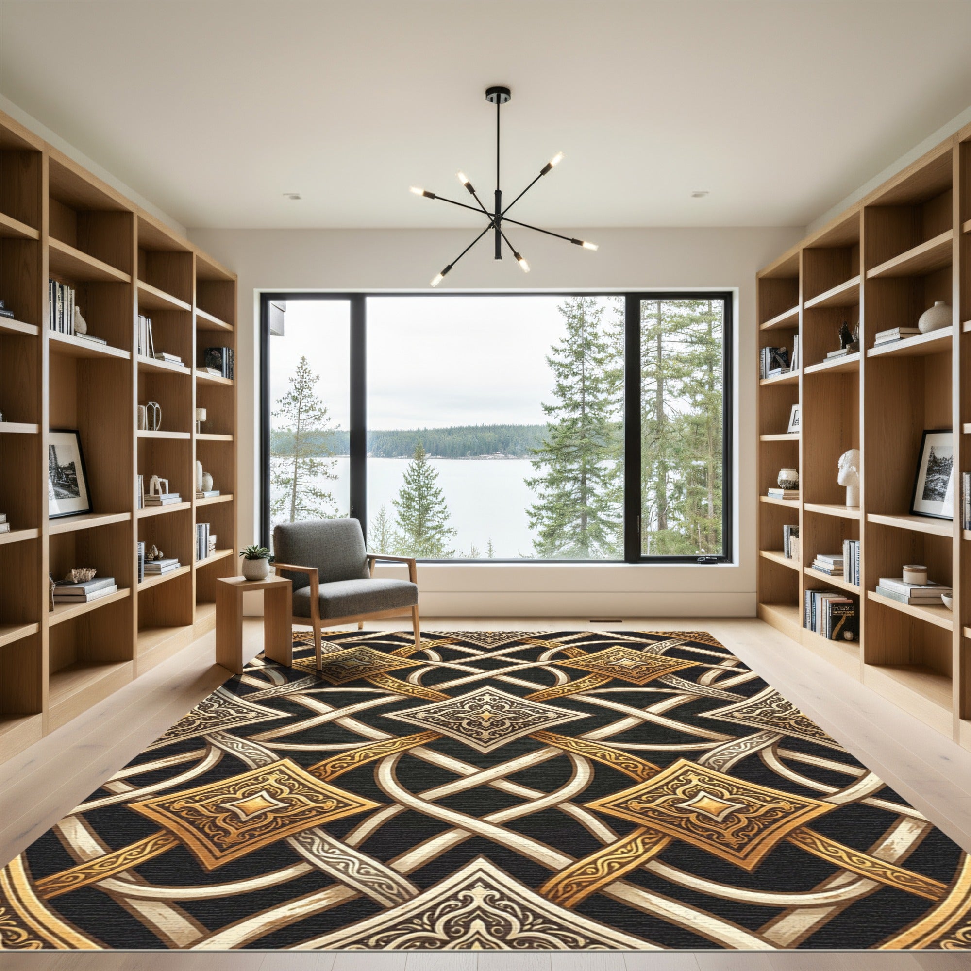 Elegant Gold Cream Intertwined Geometric Rug